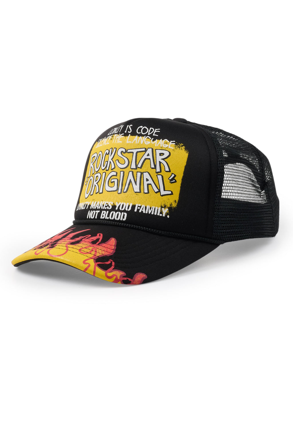 Beno Black/Yellow Flames Graphic Trucker Hat