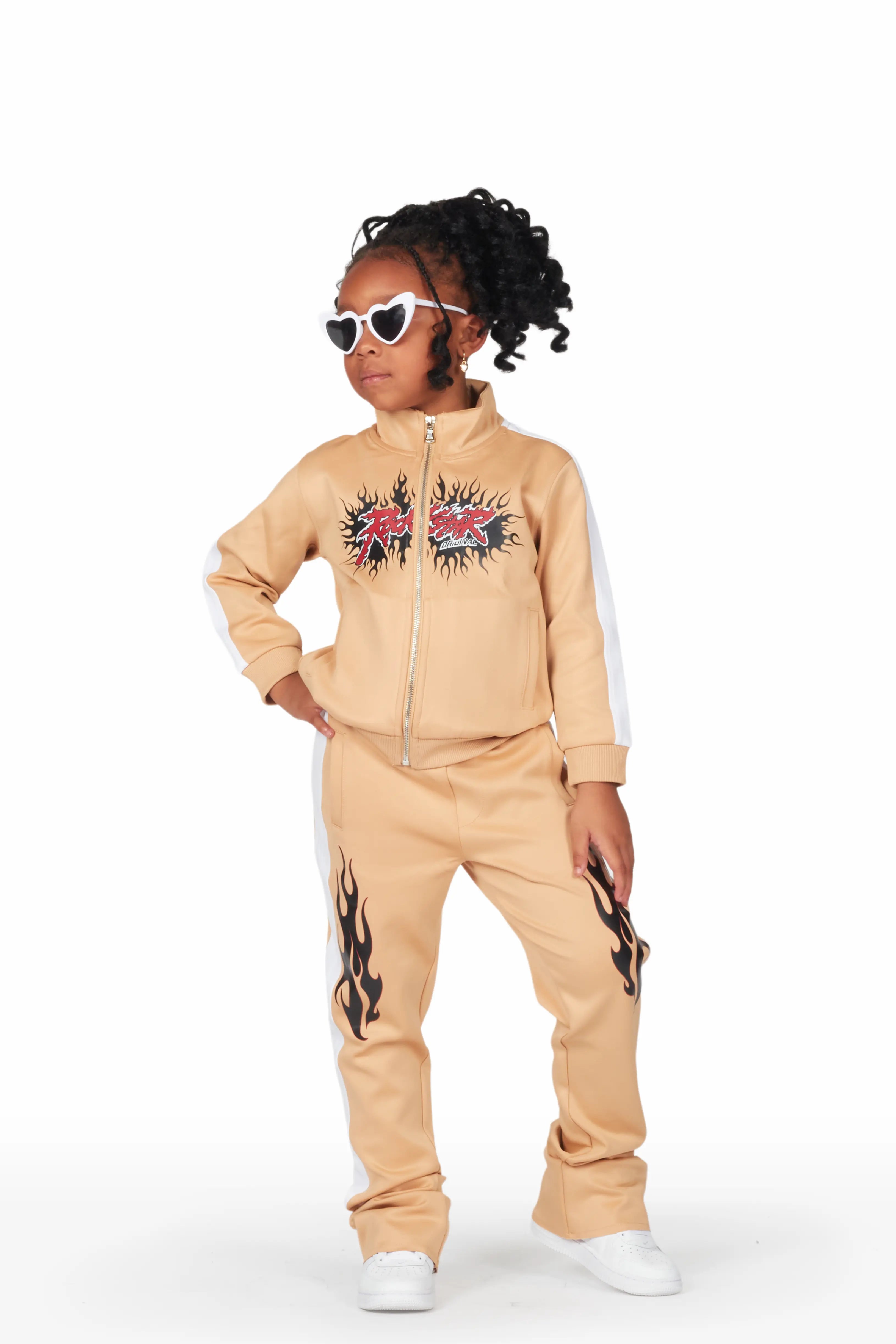 Girls Tisha Beige Tricot Super Stack Flare Track Set