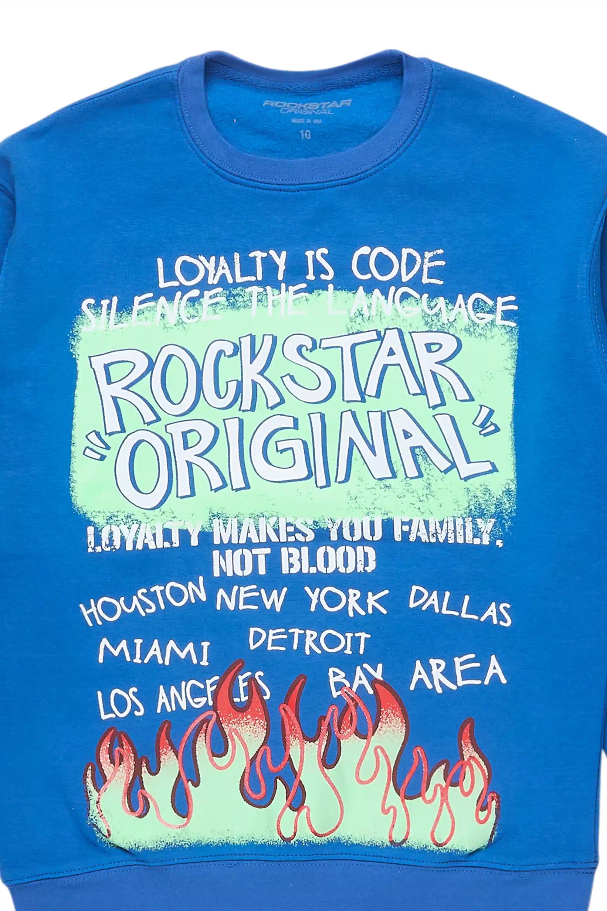 Boys Beno Royal Blue/Green Graphic Crewneck