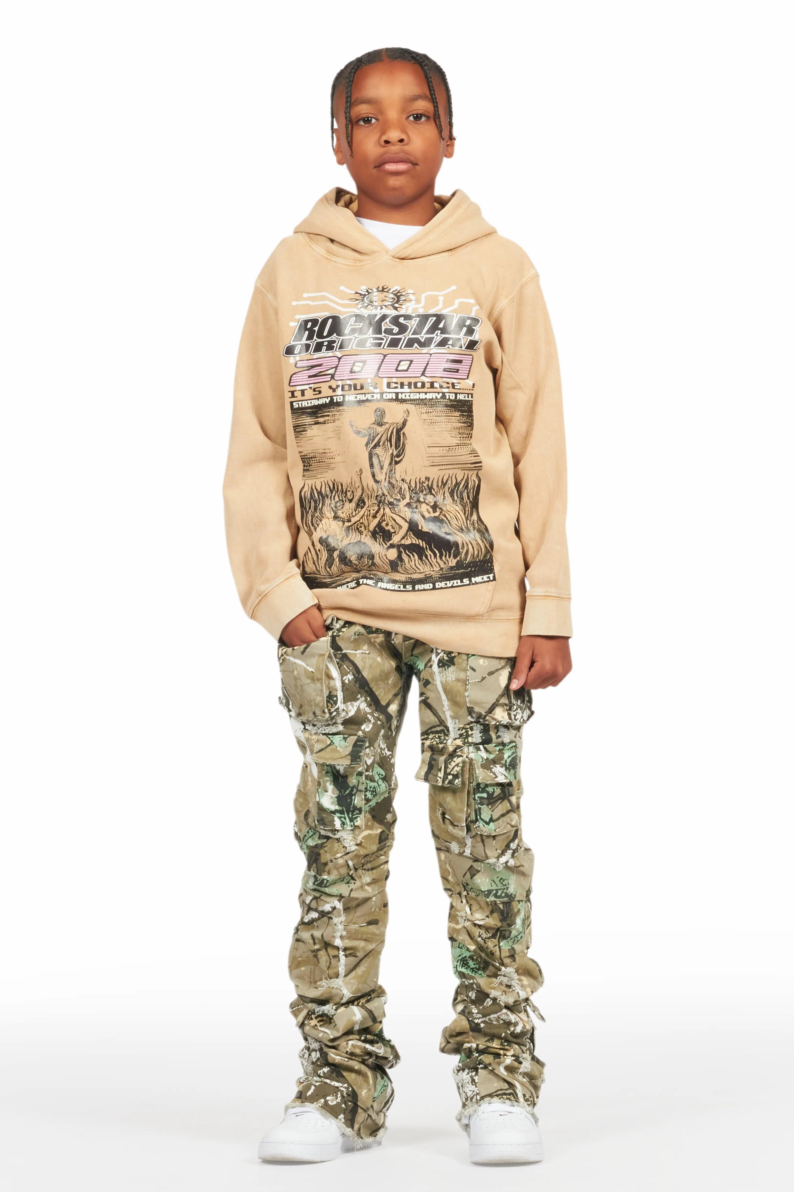 Boys Luxton Vintage Beige/Tree Camo Hoodie/Stacked Flare Jean Set