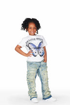 Girls Edina White/Blue T-Shirt/Stacked Flare Jean Set
