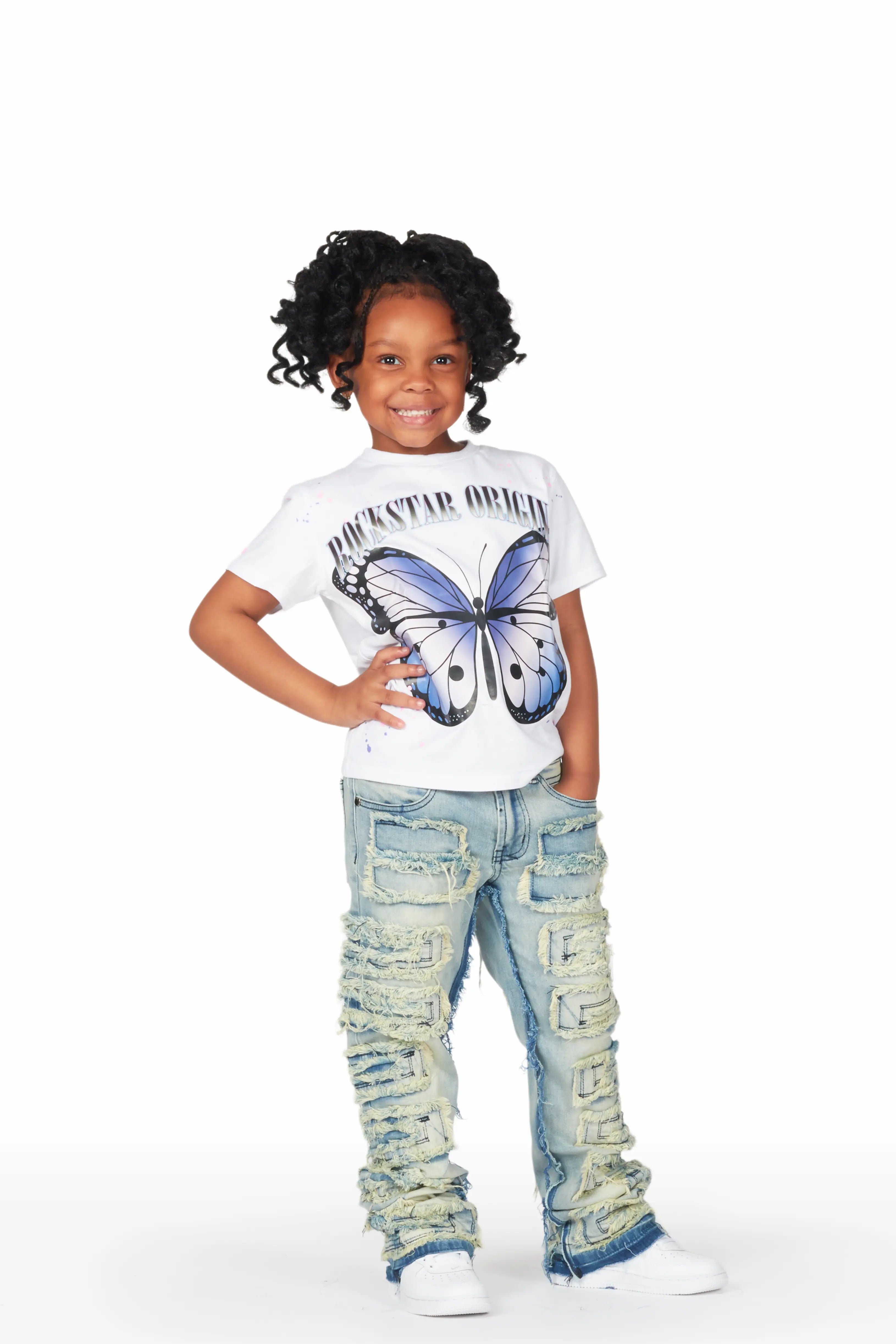 Girls Edina White/Blue T-Shirt/Stacked Flare Jean Set