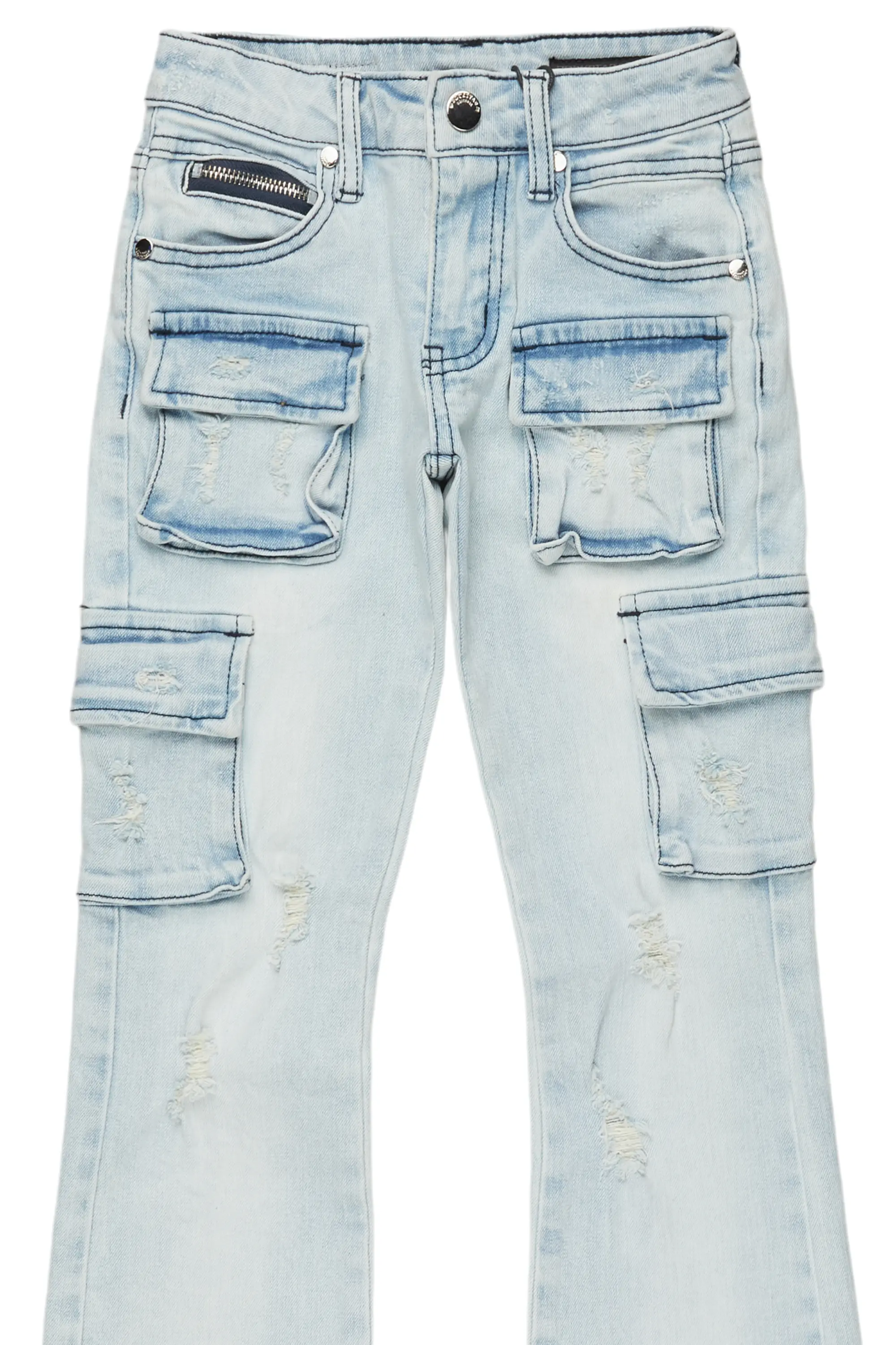 Boys Sterling Blue Fringe Stacked Flared Cargo Jean