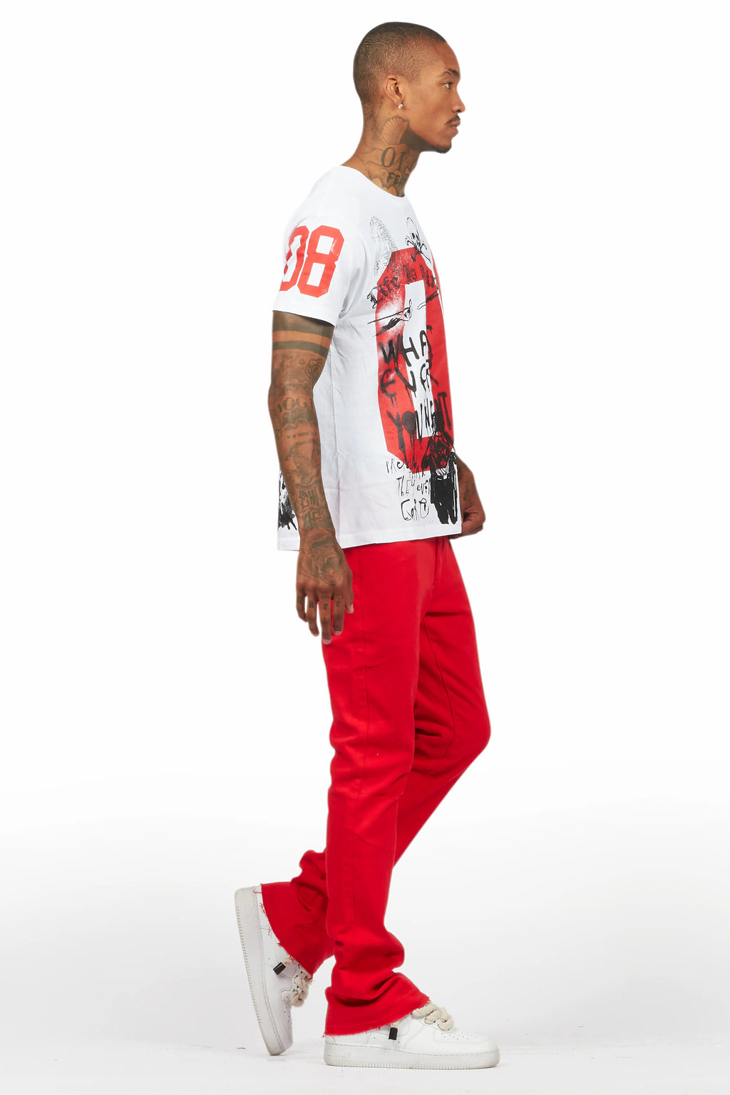 Grill White/Red Oversized Graphic T-Shirt/Dag Stacked Flare Jean Set