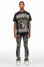 Frey Black Stacked Flare Jean