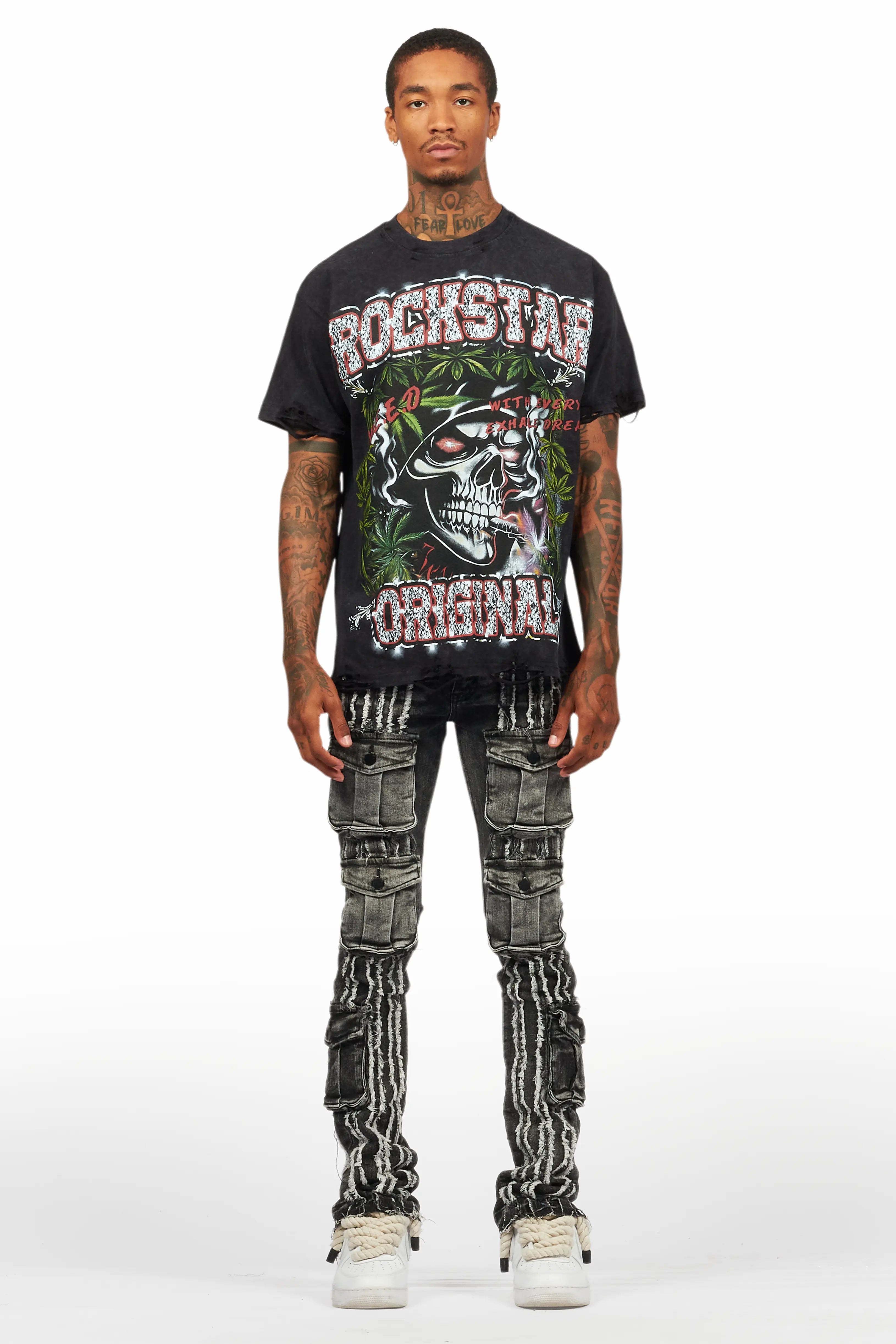 Frey Black Stacked Flare Jean