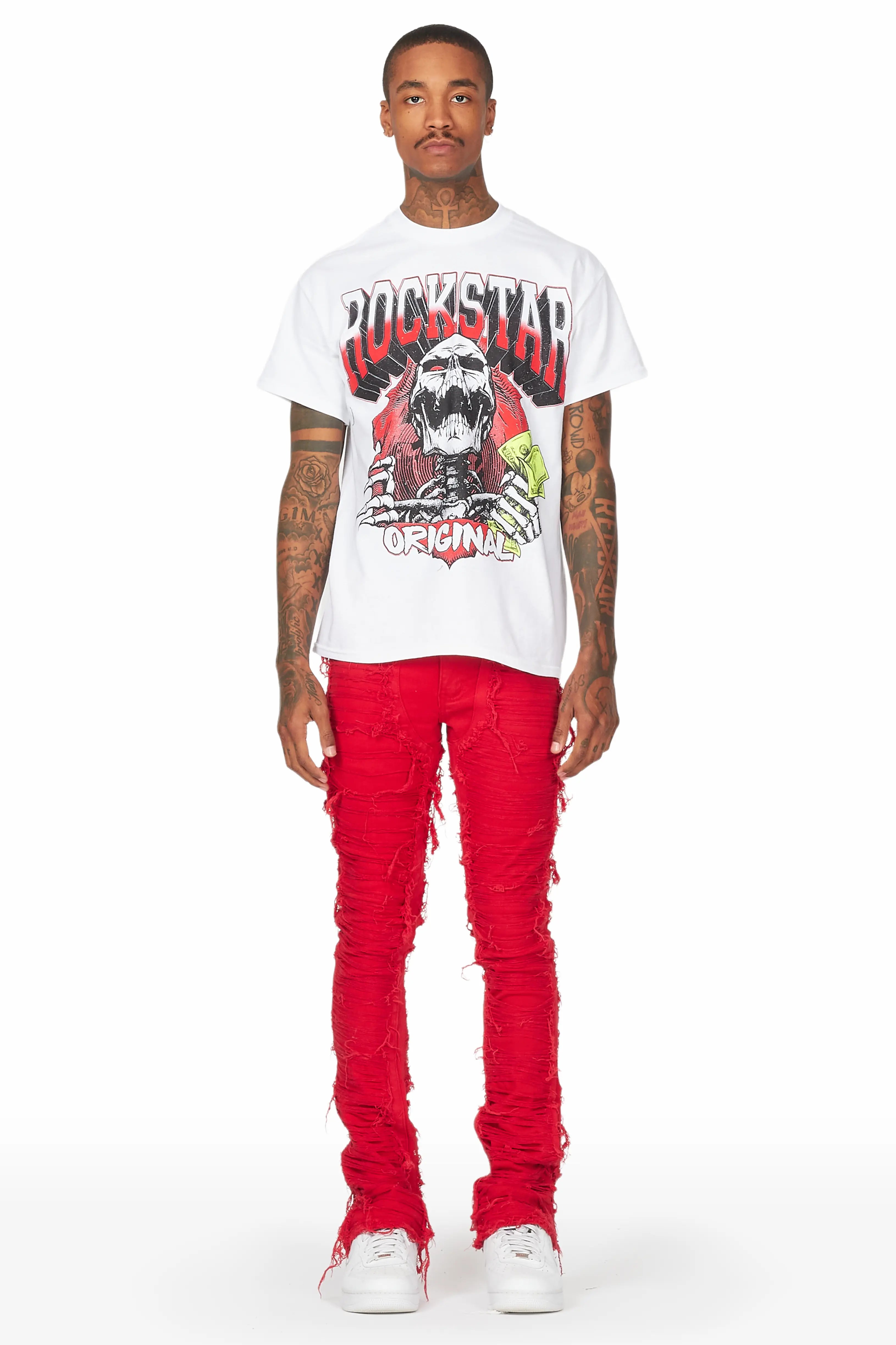 Conrad Red Stacked Flare Jean