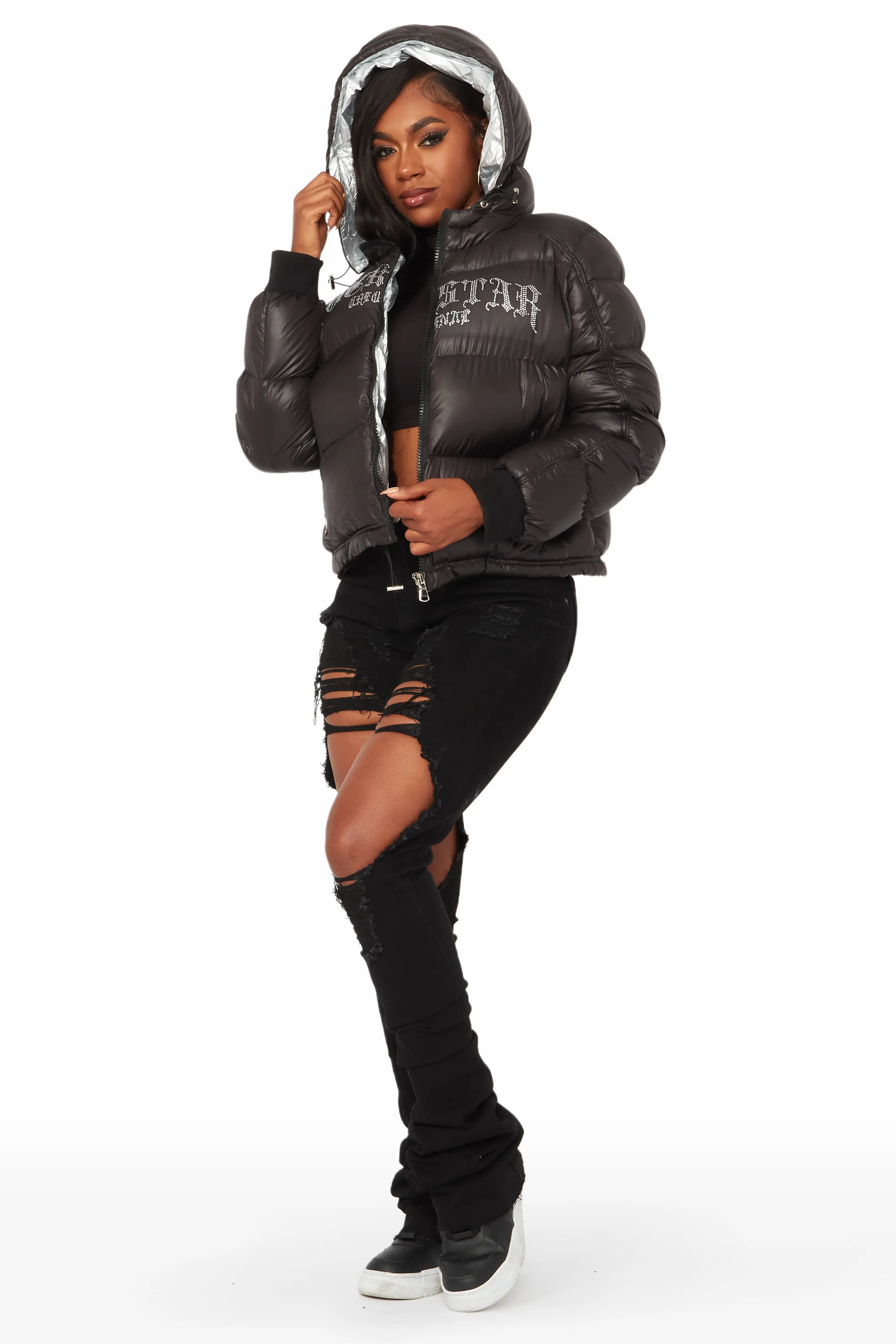 Rose Black Puffer Jacket