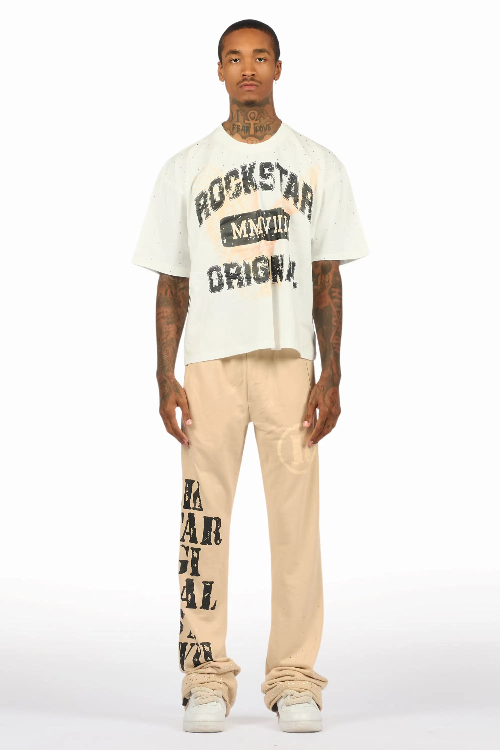 Borya Beige Rhinestone T-Shirt/Baggy Stacked Track Set