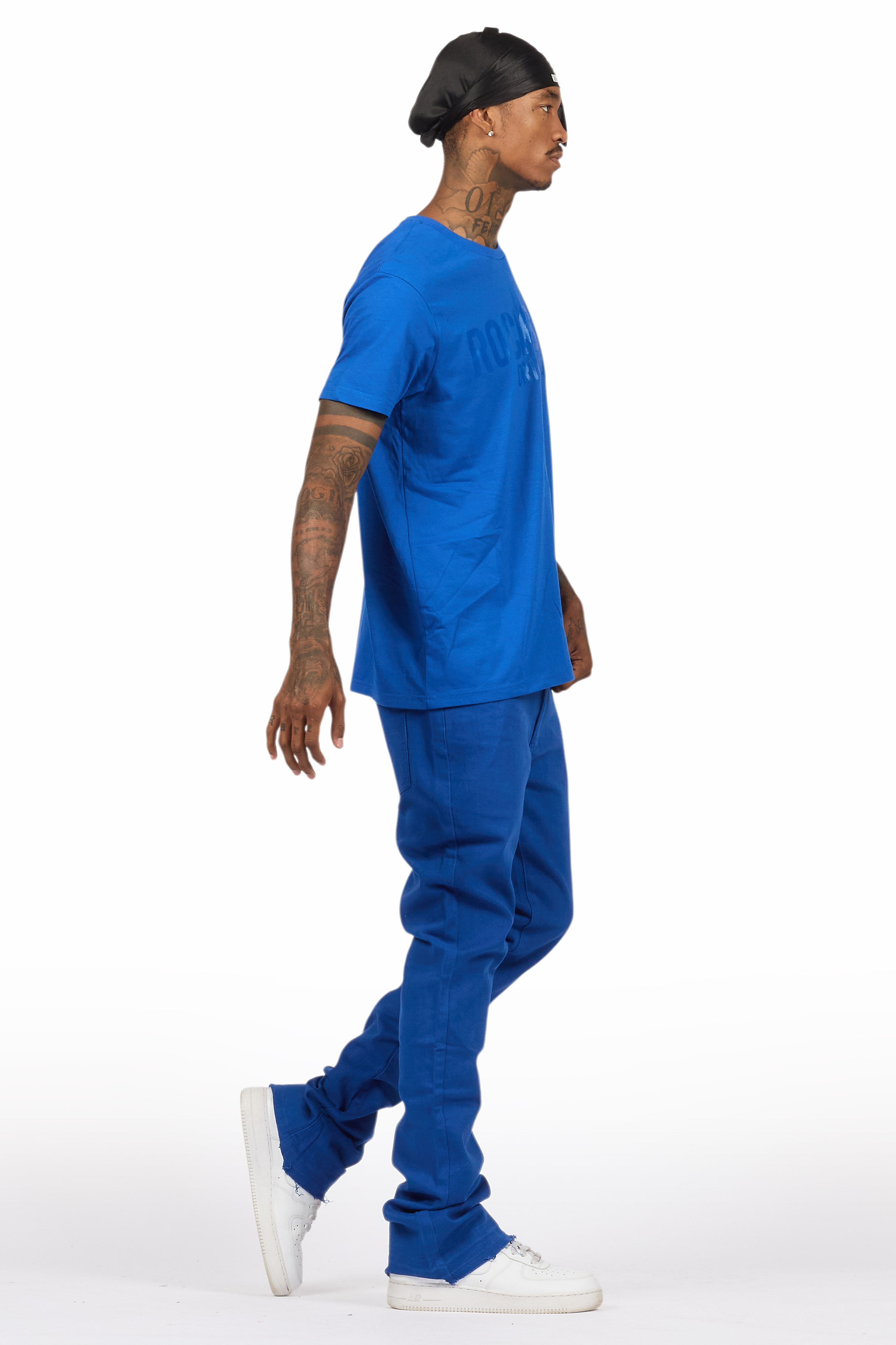 Sana Royal Blue T-Shirt/Dag Stacked Flare Jean Set