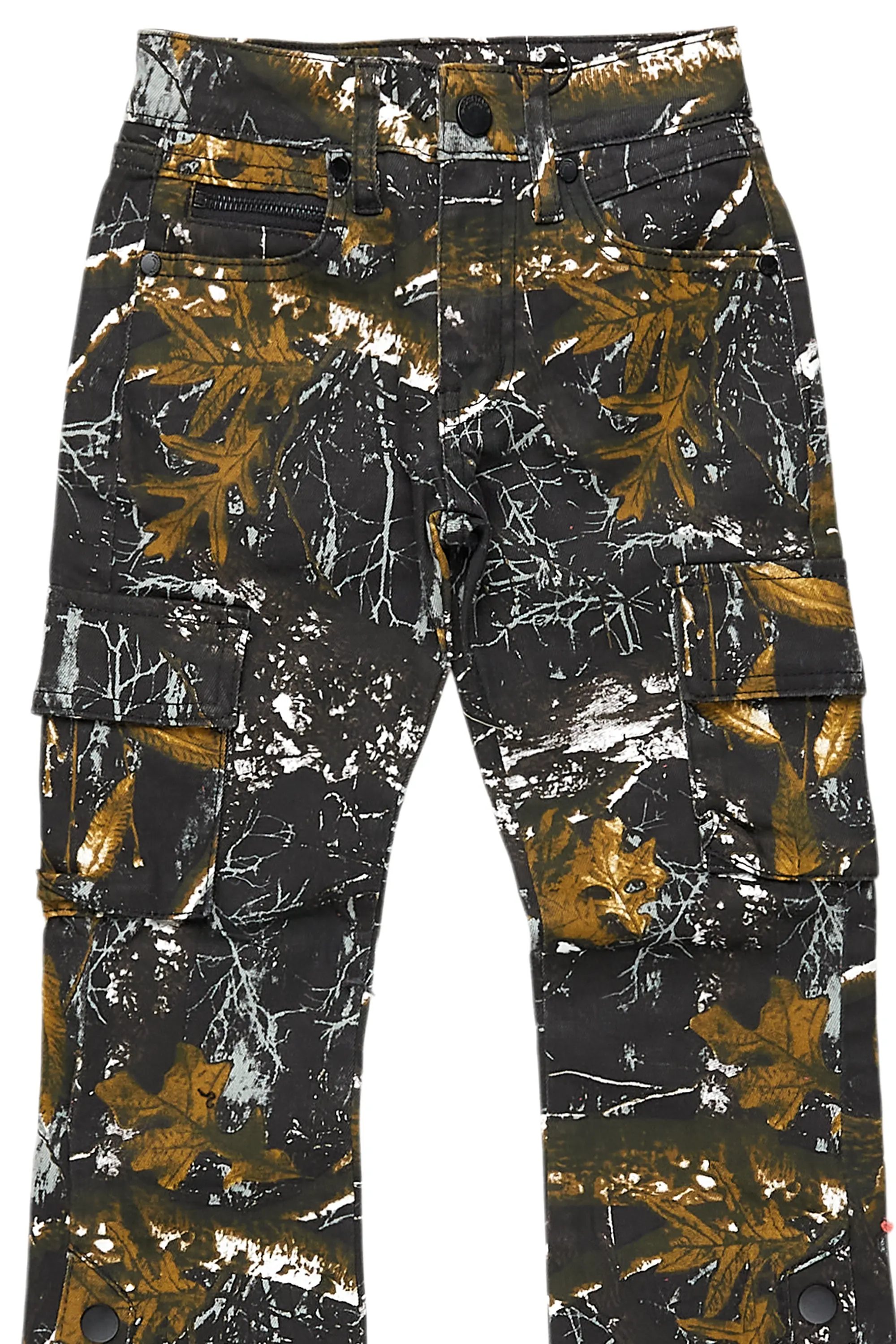 Girls Waapa Black Tree Camo Stacked Flare Cargo Jean