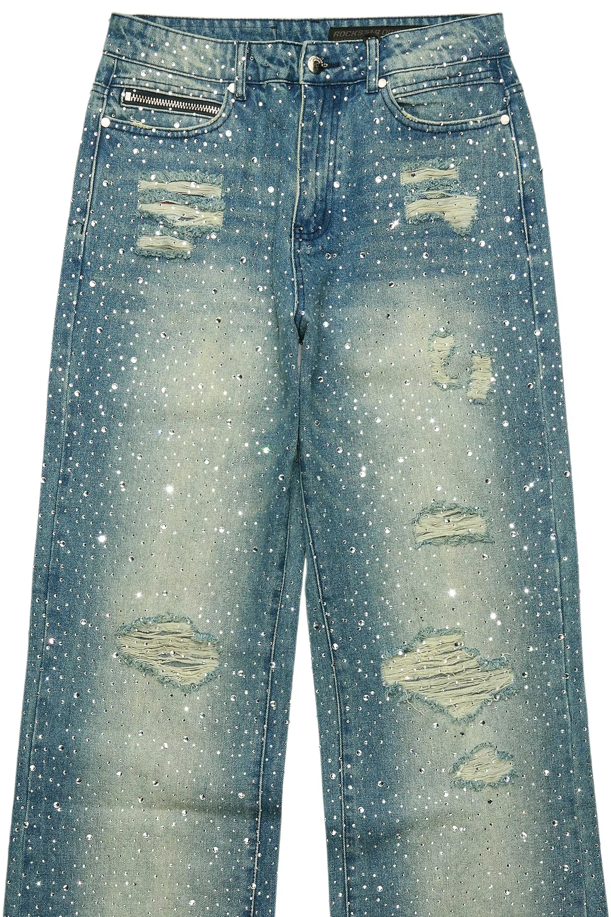 Discolite Rhinestone Medium Blue Baggy Jean