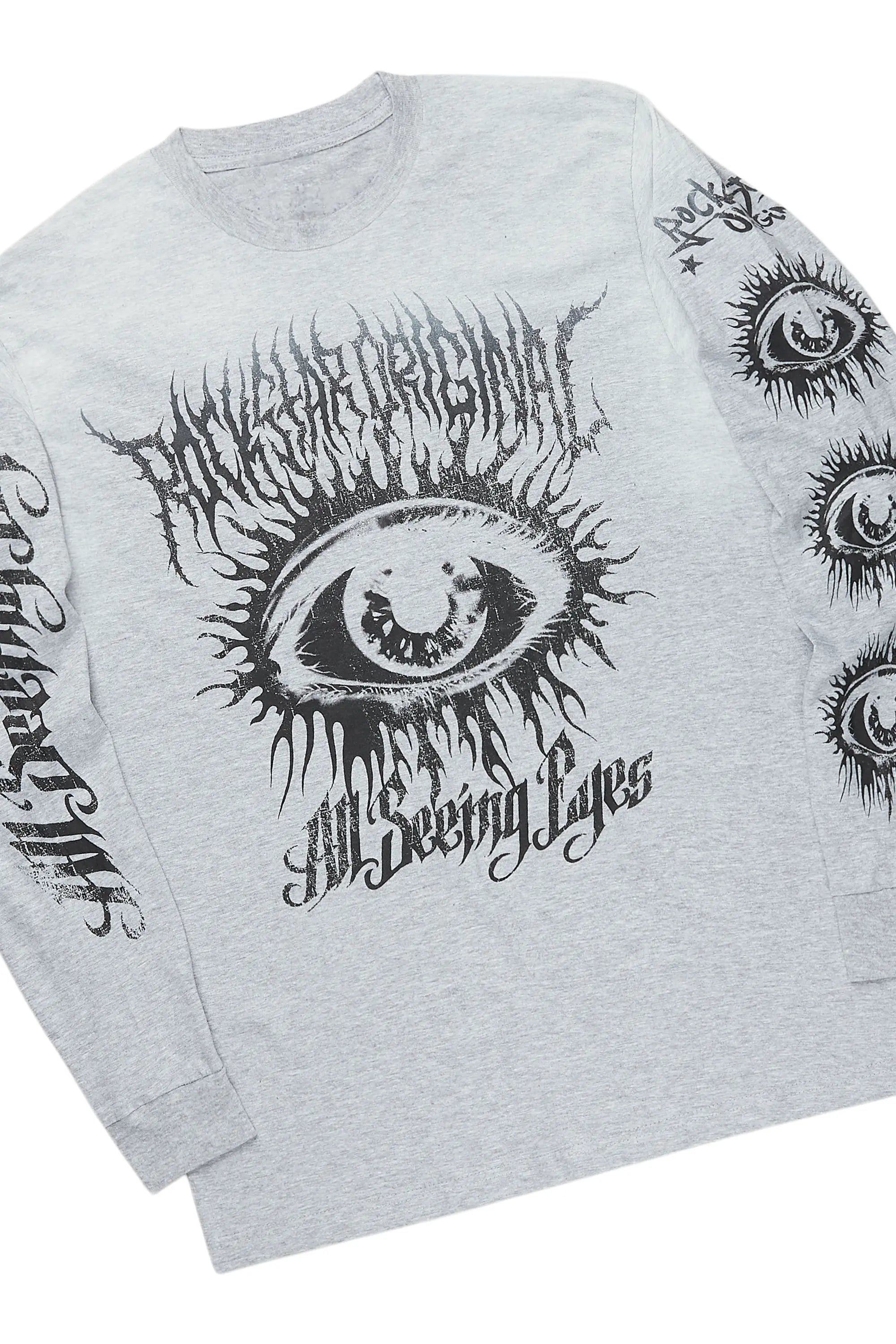 All Seeing Eyes Grey Long Sleeve T-Shirt/Stacked Flare Cargo Jean Bundle