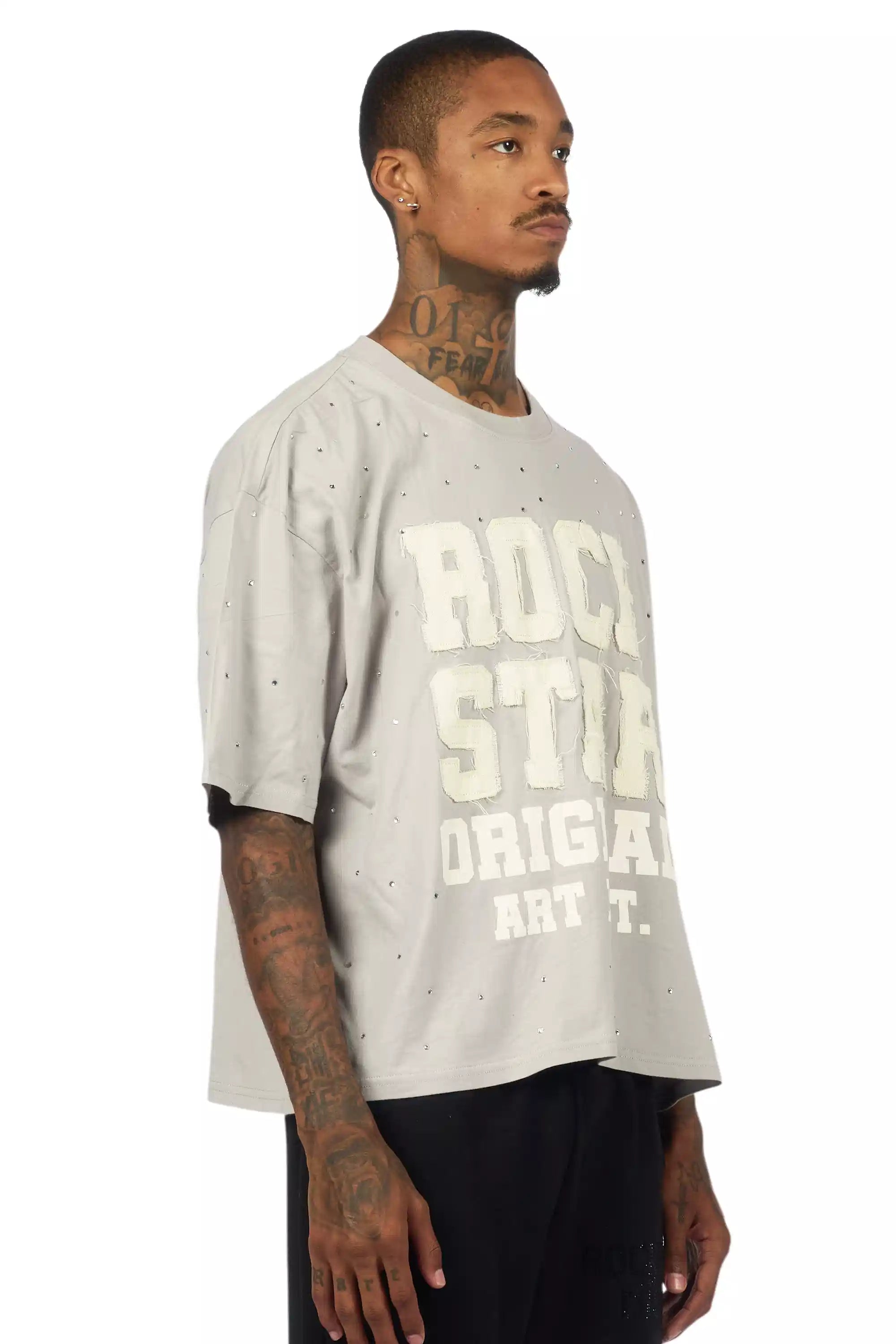 Yulian Grey Boxy Crop Rhinestone T-Shirt