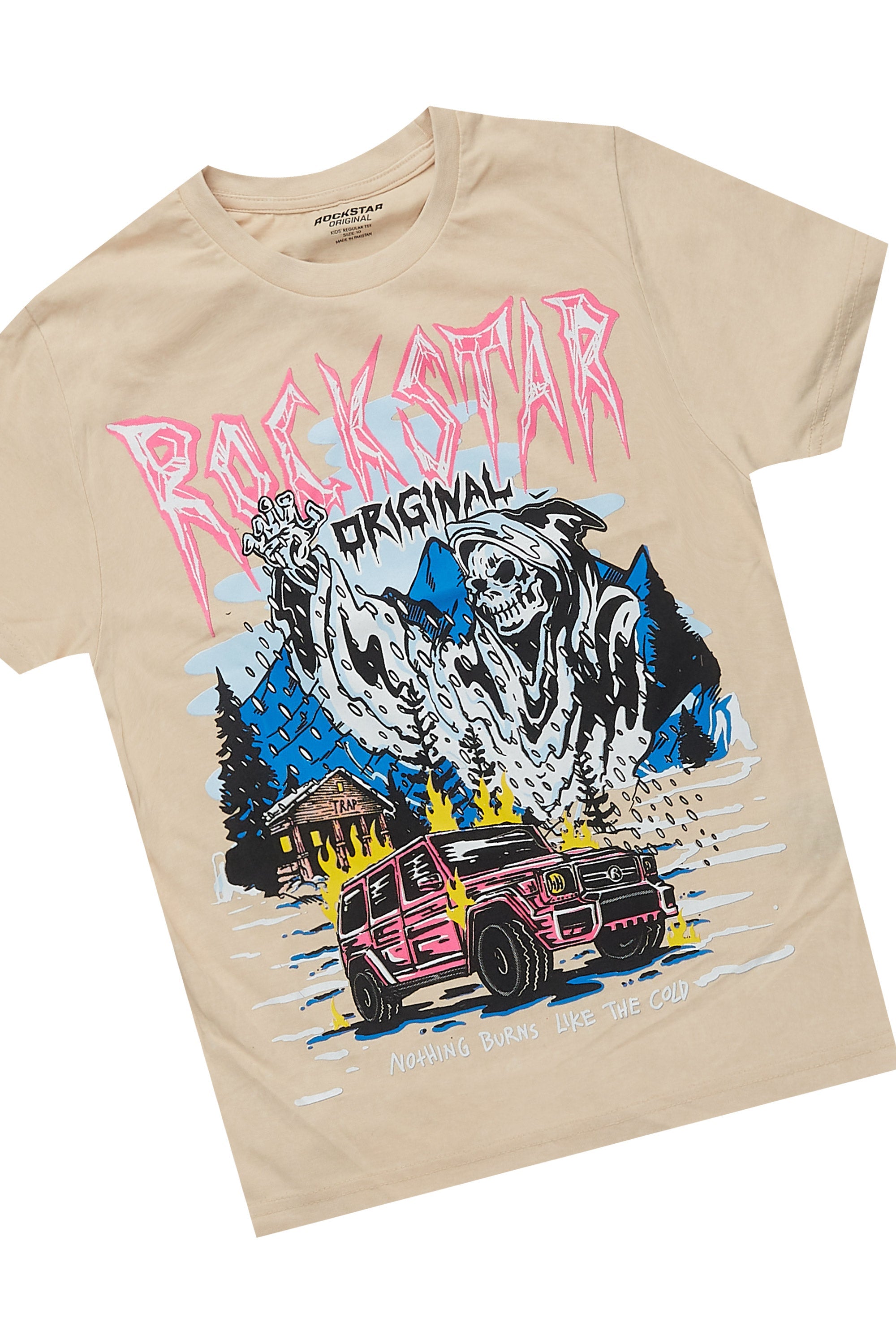 Boys Kip Vintage Sand/Pink T-Shirt/Stacked Flare Jean Set