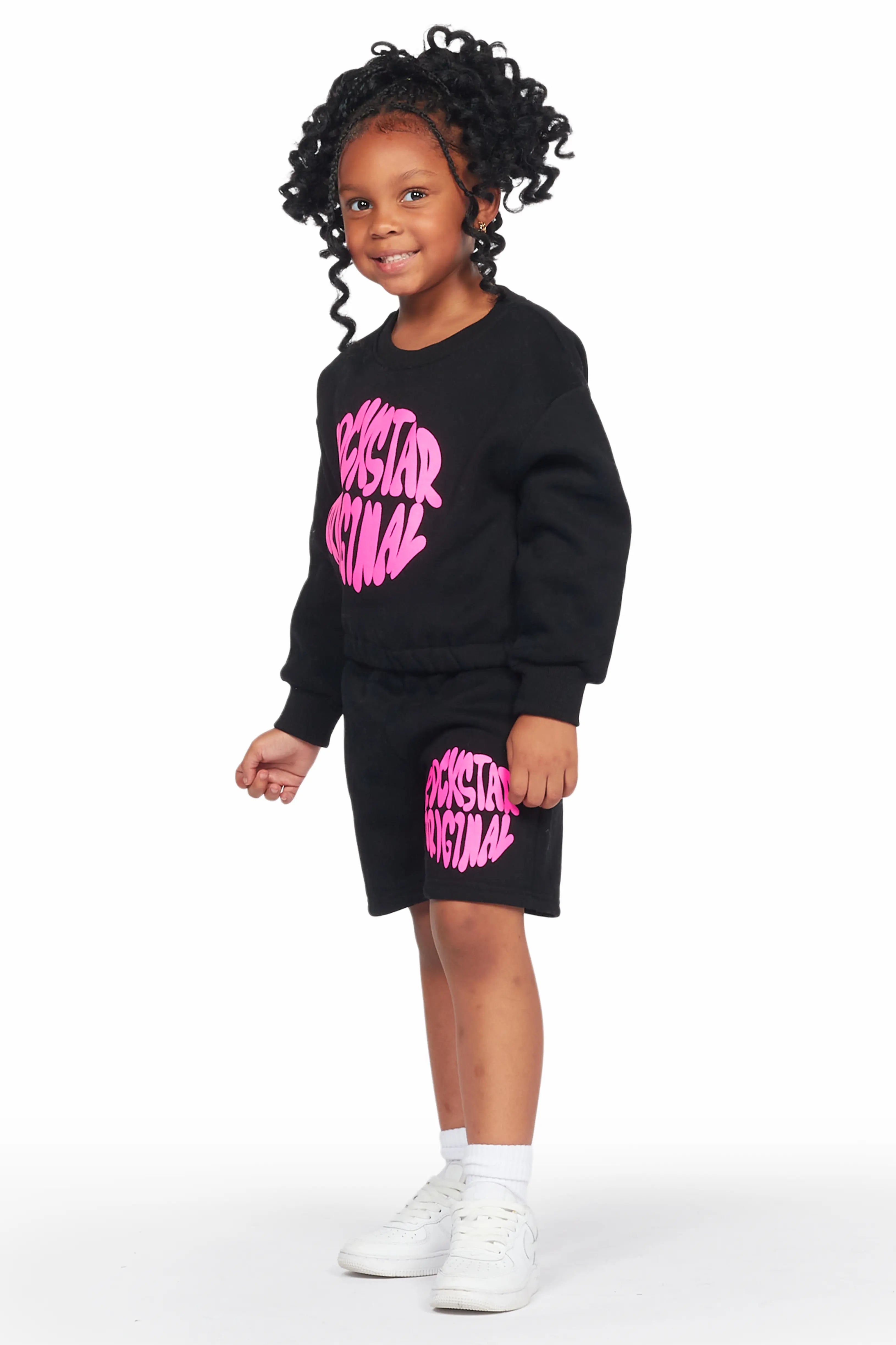 Girls Beena Black Crop Top Short Set