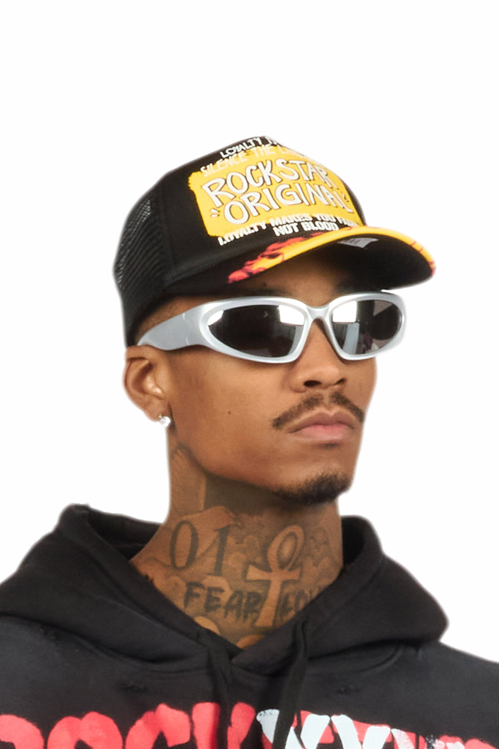 Beno Black/Yellow Flames Graphic Trucker Hat