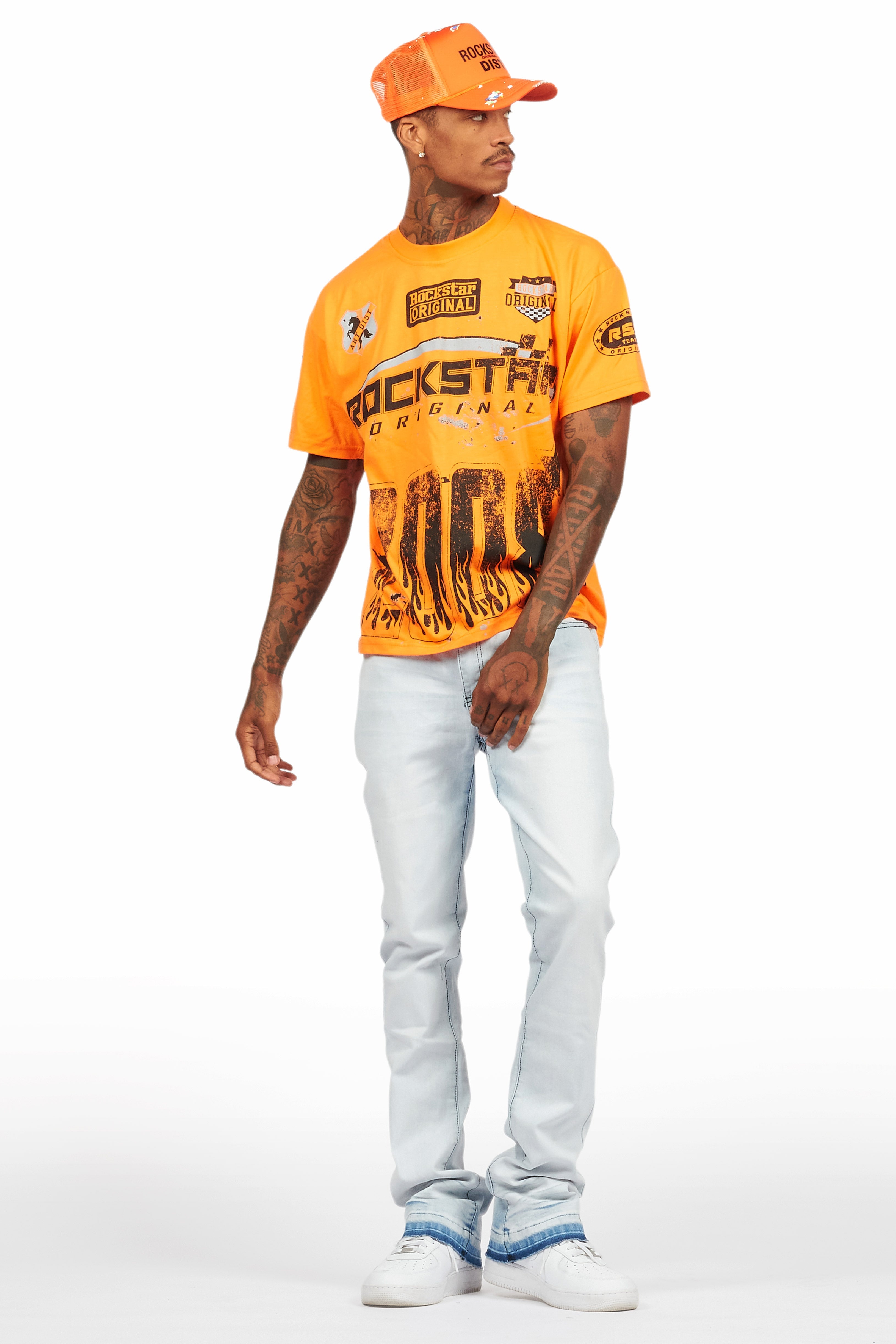 Amos Orange T-Shirt/Dag Blue Stacked Flare Jean Set