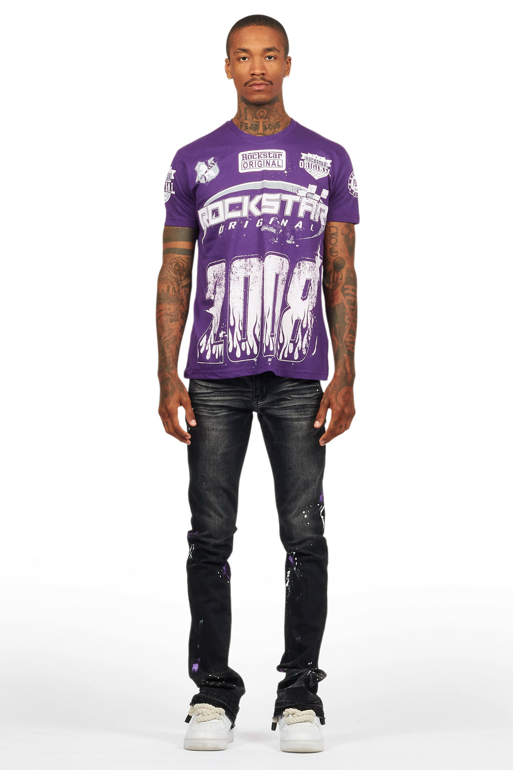 Amos Purple Graphic T-Shirt & Dag Dark Grey Jean Bundle