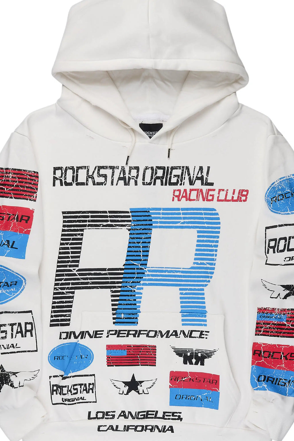 Rso Racing Club White Distressed Graphic Relaxed Hoodie