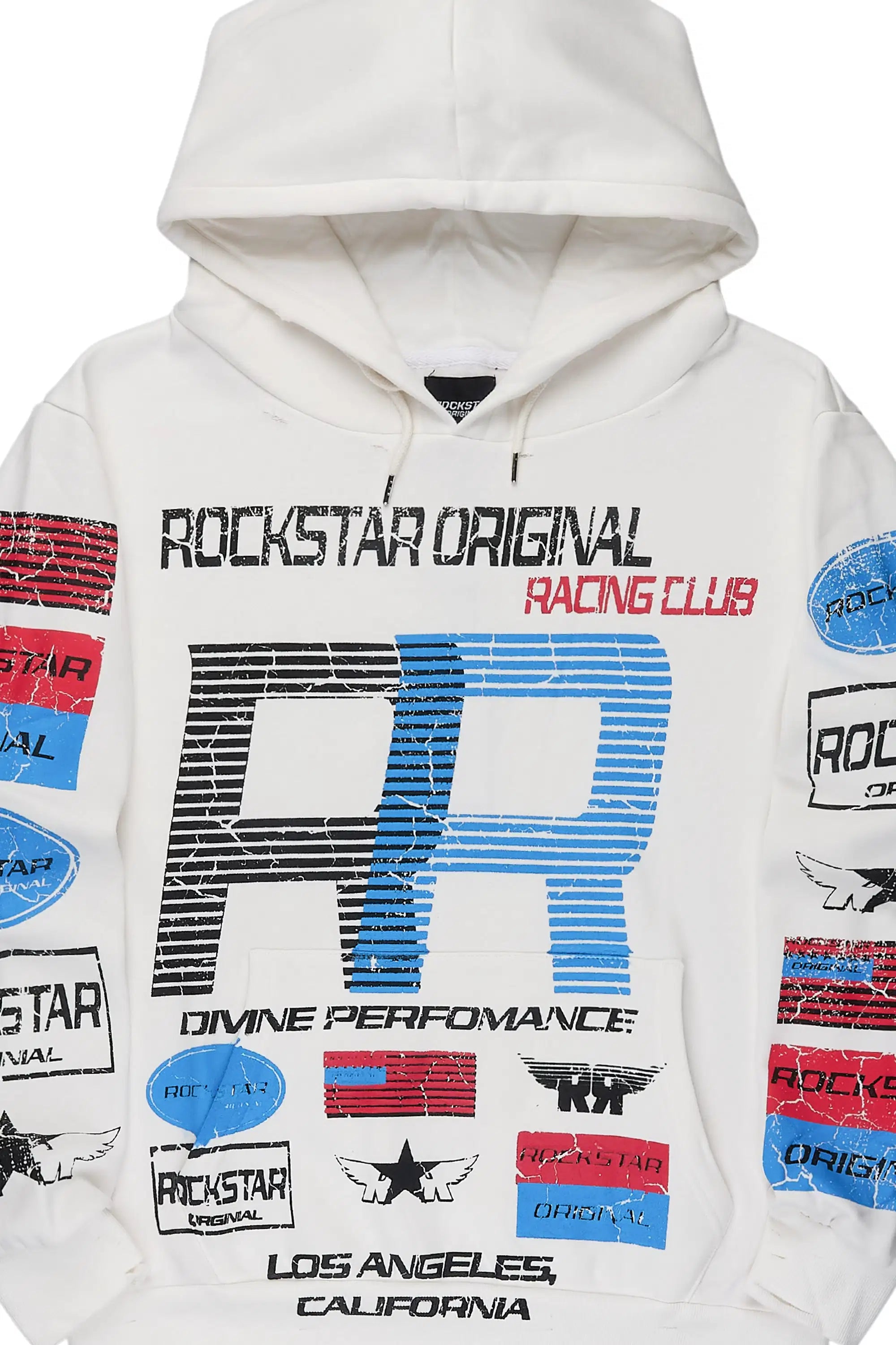 Rso Racing Club White Distressed Graphic Relaxed Hoodie