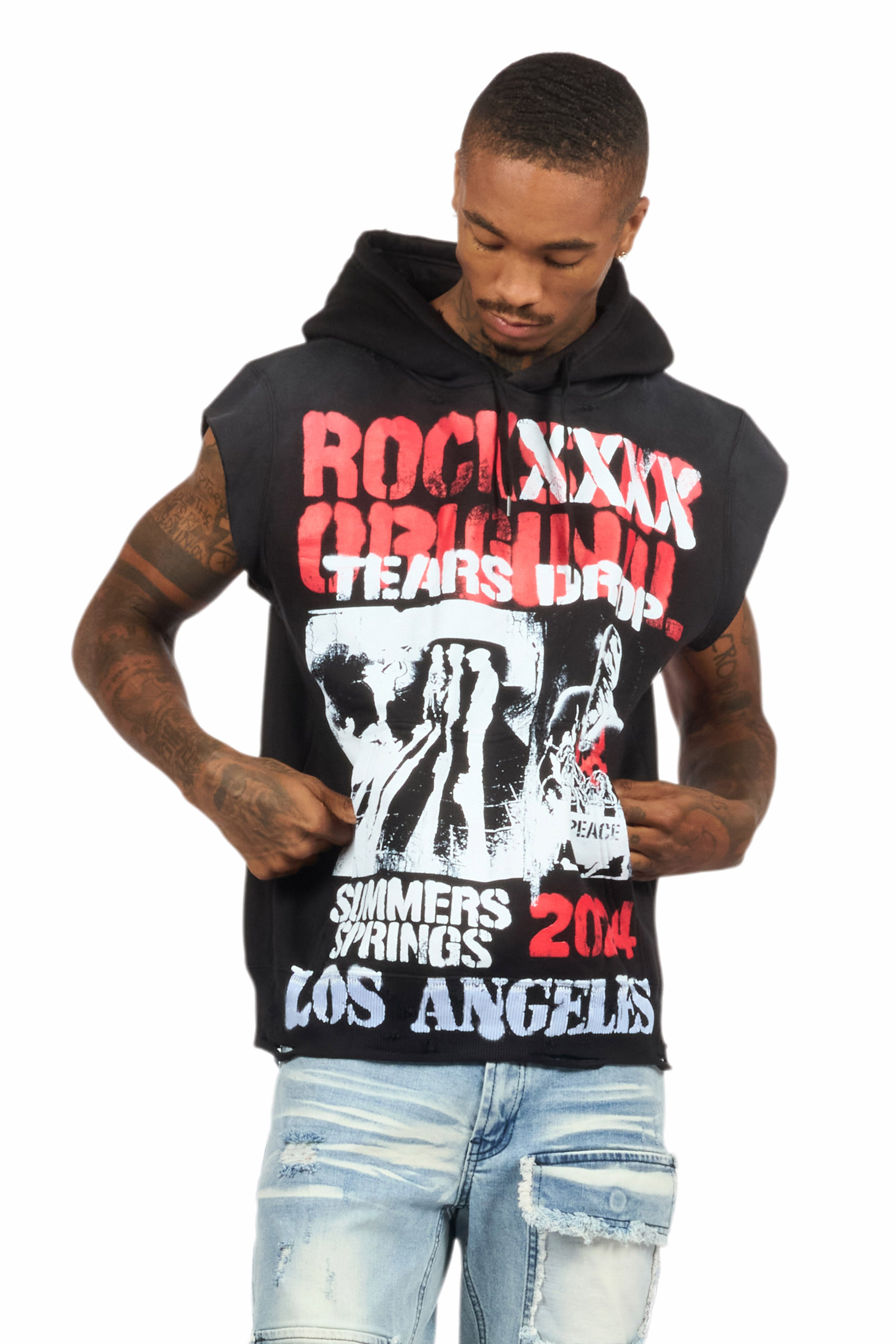 Paton Black/Red Distressed Graphic Cut Sleeve Hoodie