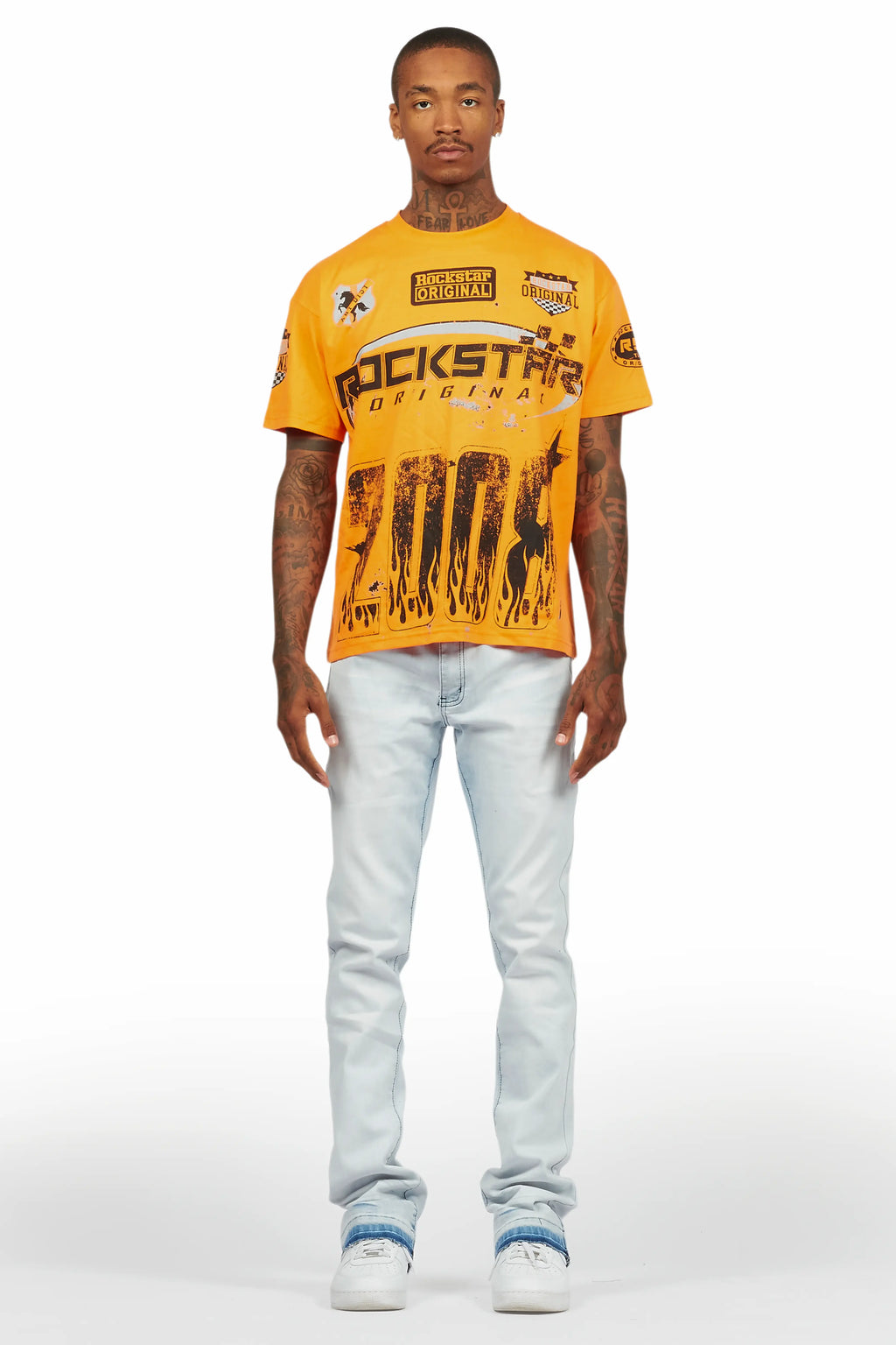 Amos Orange T-Shirt/Dag Blue Stacked Flare Jean Set