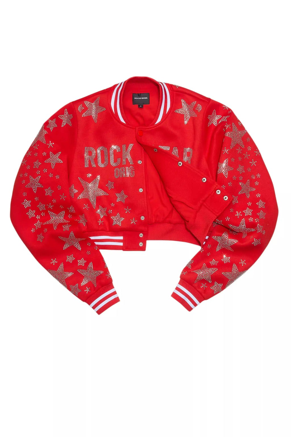 Shanda Red Crop Rhinestone Varsity Jacket