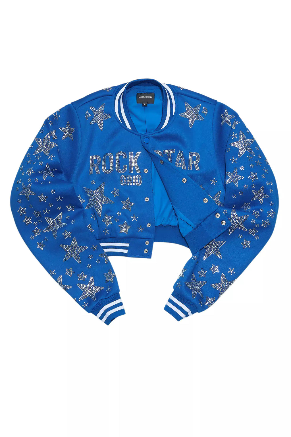 Shanda Royal Blue Crop Rhinestone Varsity Jacket