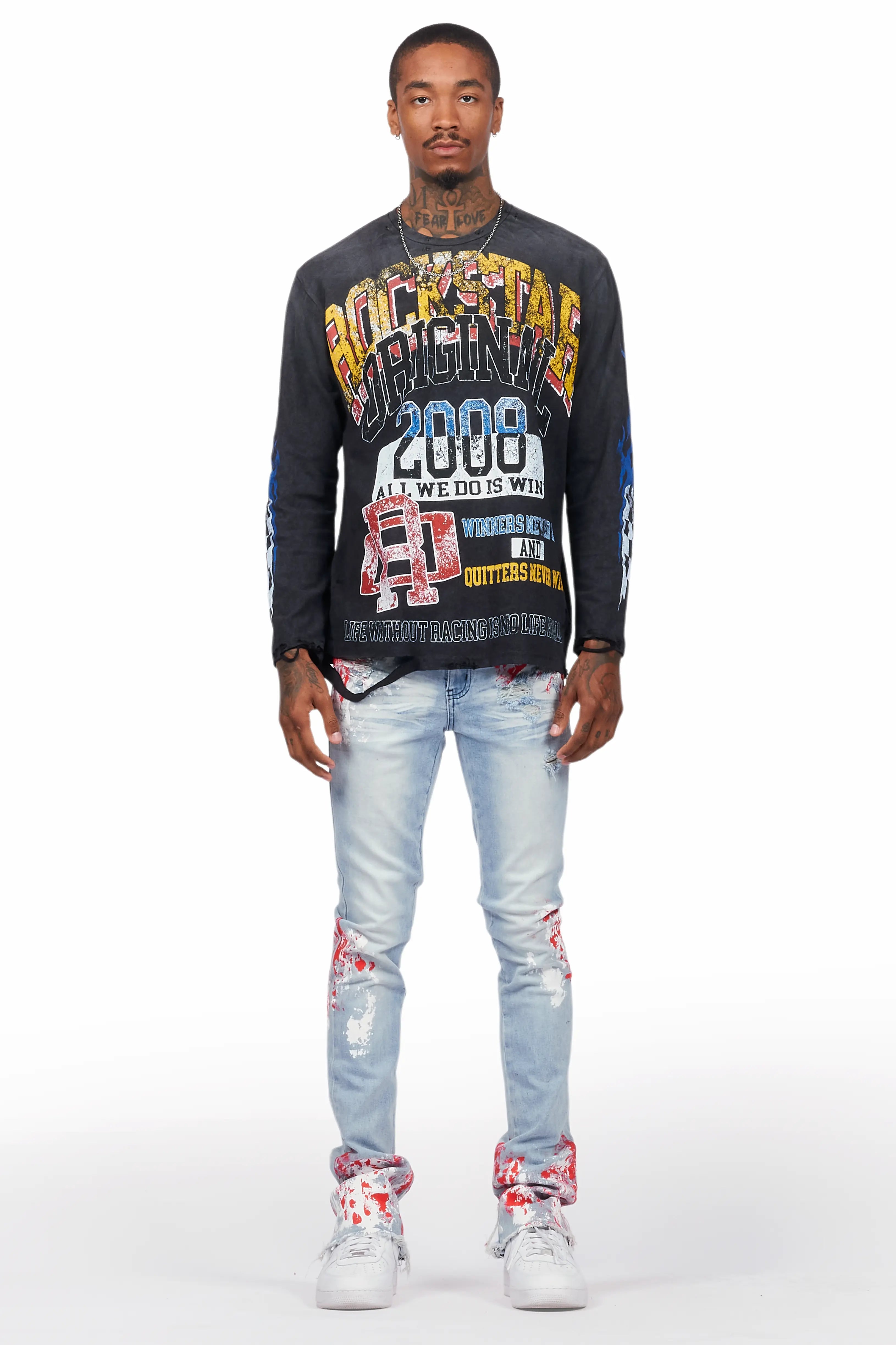 Kodak Blue/Red Painter Stacked Flare Jean
