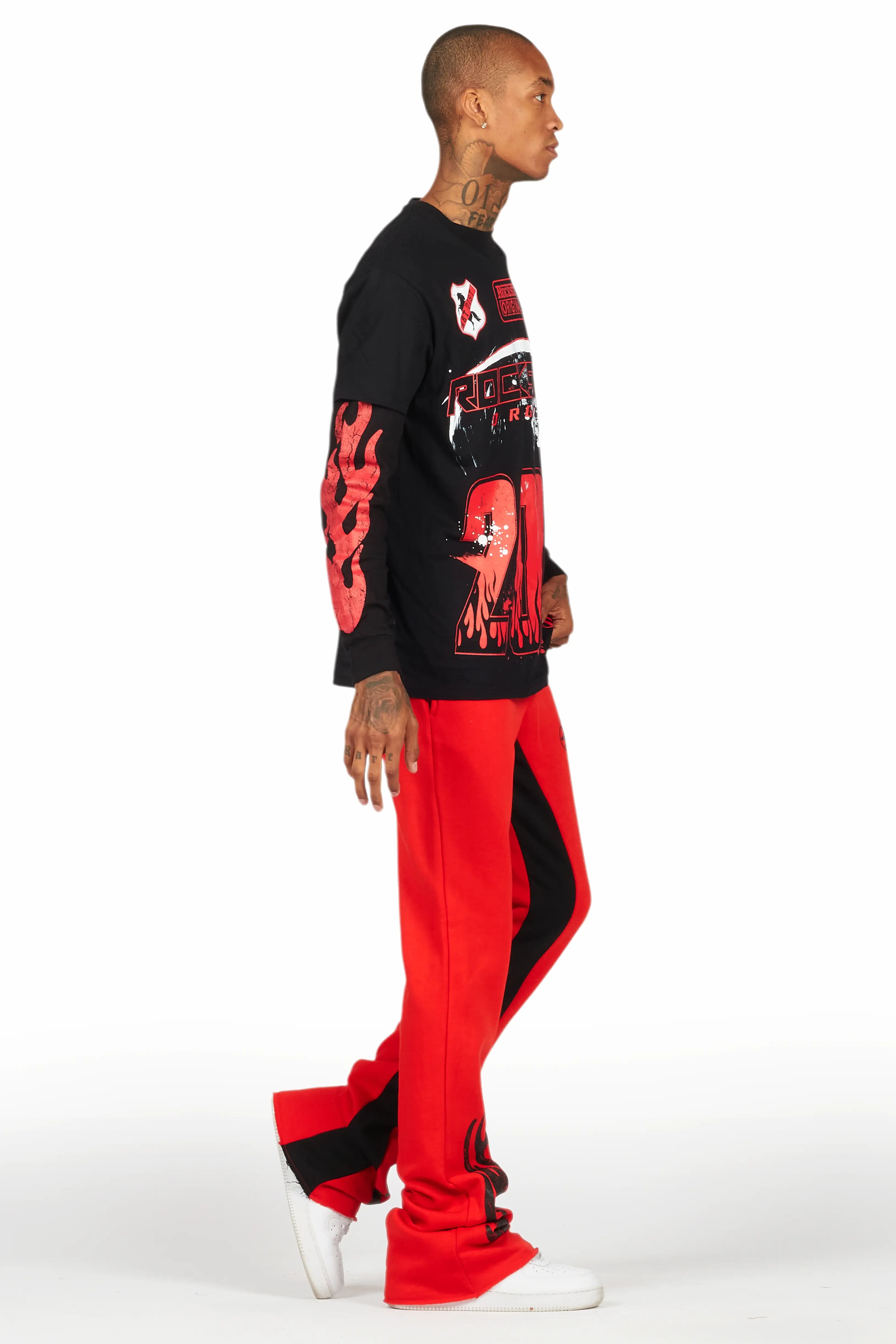 Amos Black/Red Double Layer T-Shirt/Stacked Baggy Pant Set