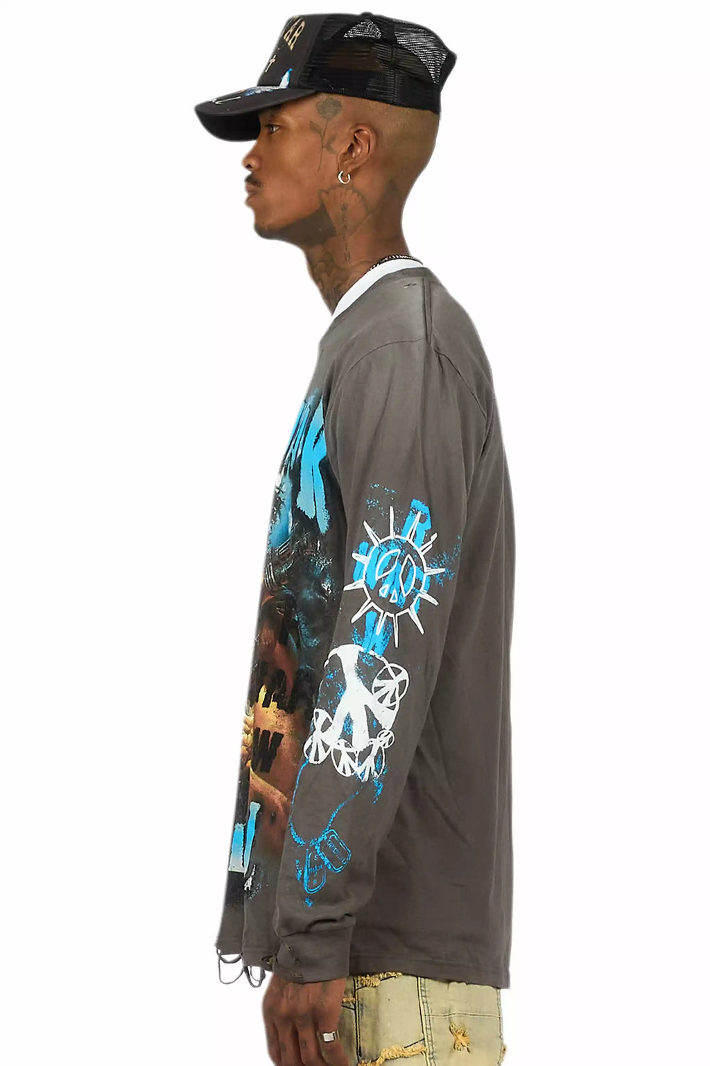 Zare Charcoal/Blue Long Sleeve Graphic T-Shirt