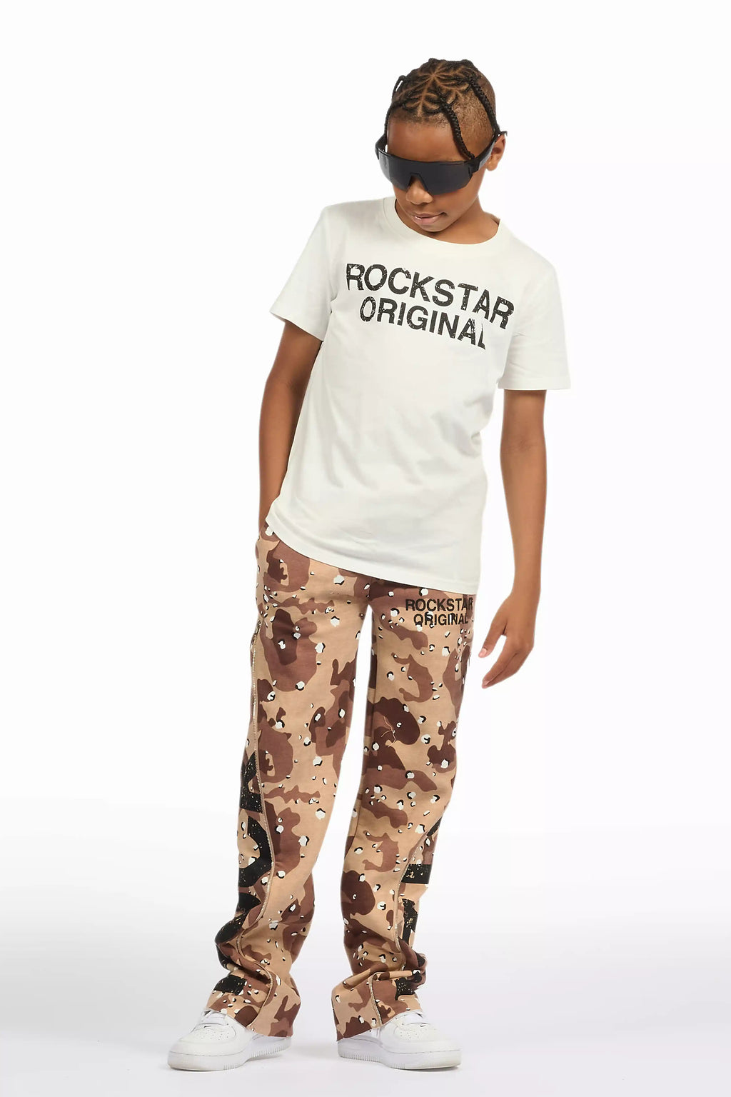 Boys Deniska White/Camo T-Shirt Baggy Stacked Flare Set