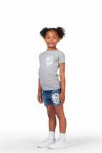 Girls Adrina Grey/Blue T-Shirt Denim Short Set