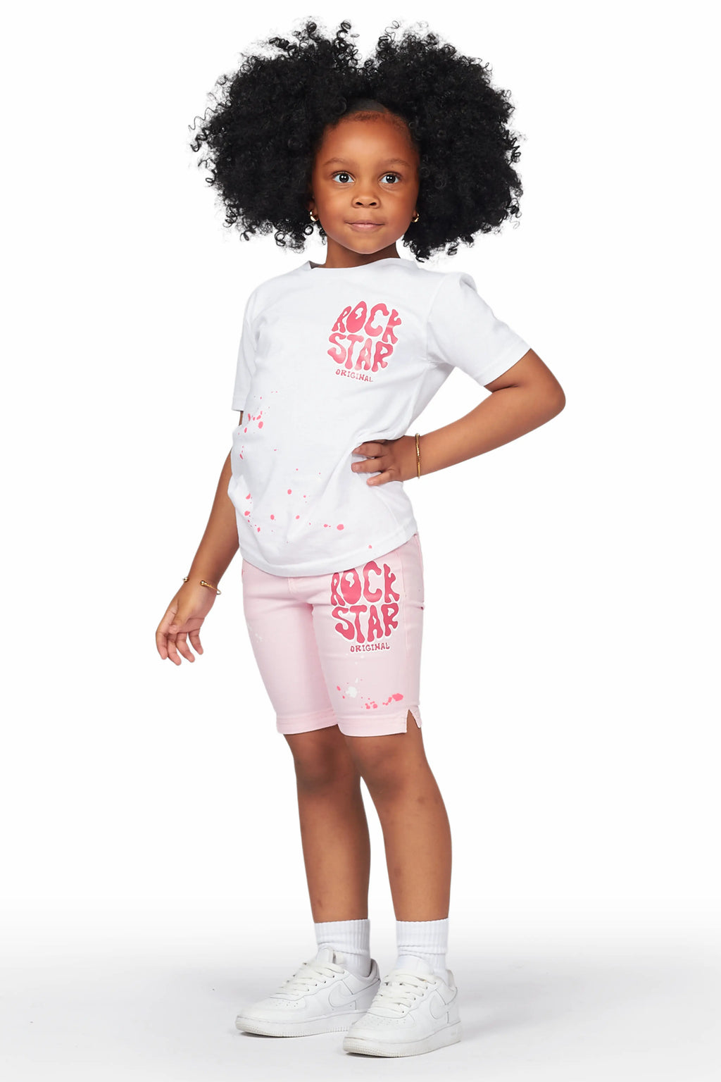 Girls Racha White/Pink T-Shirt Denim Short Set