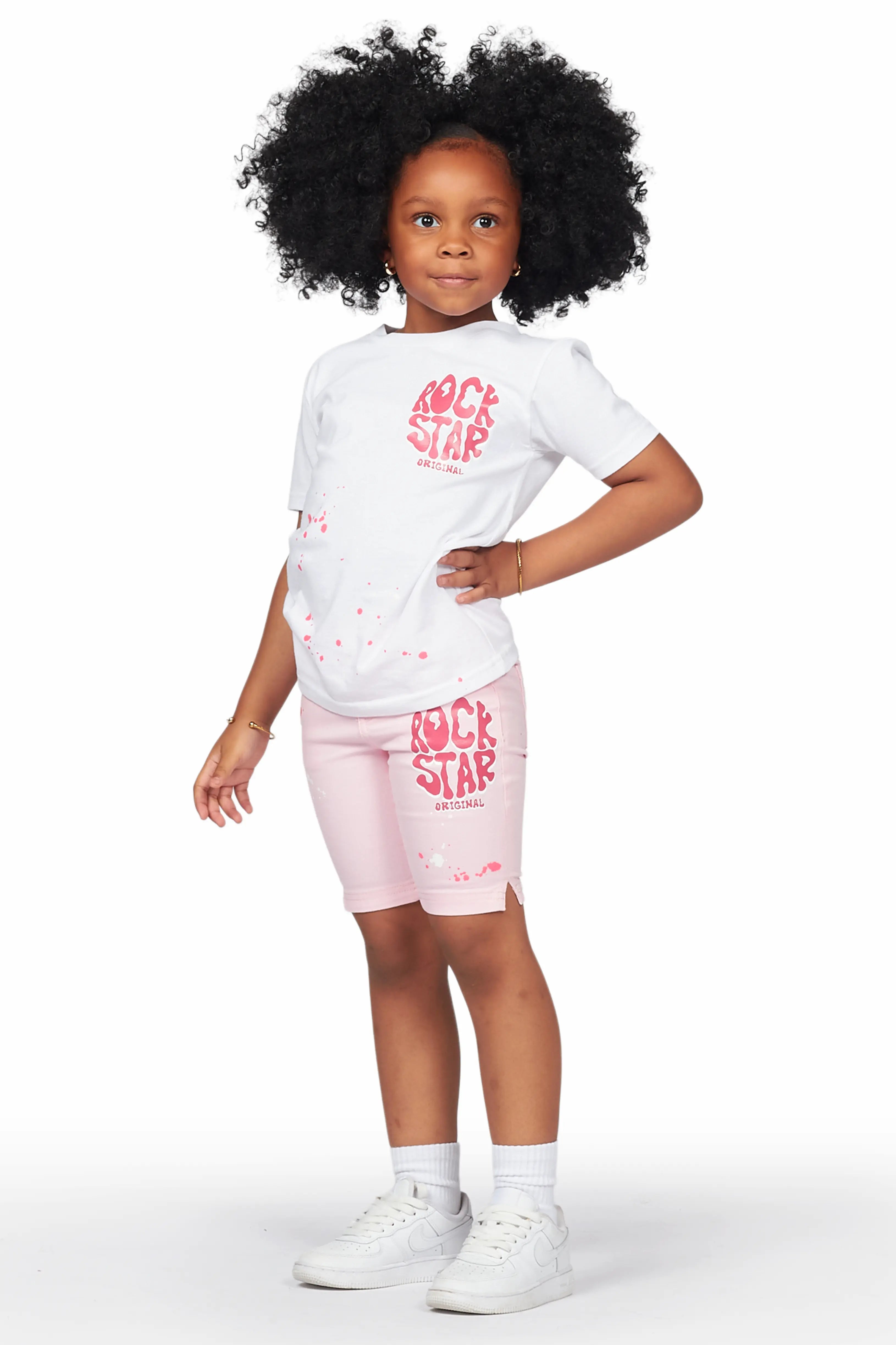 Girls Racha White/Pink T-Shirt Denim Short Set