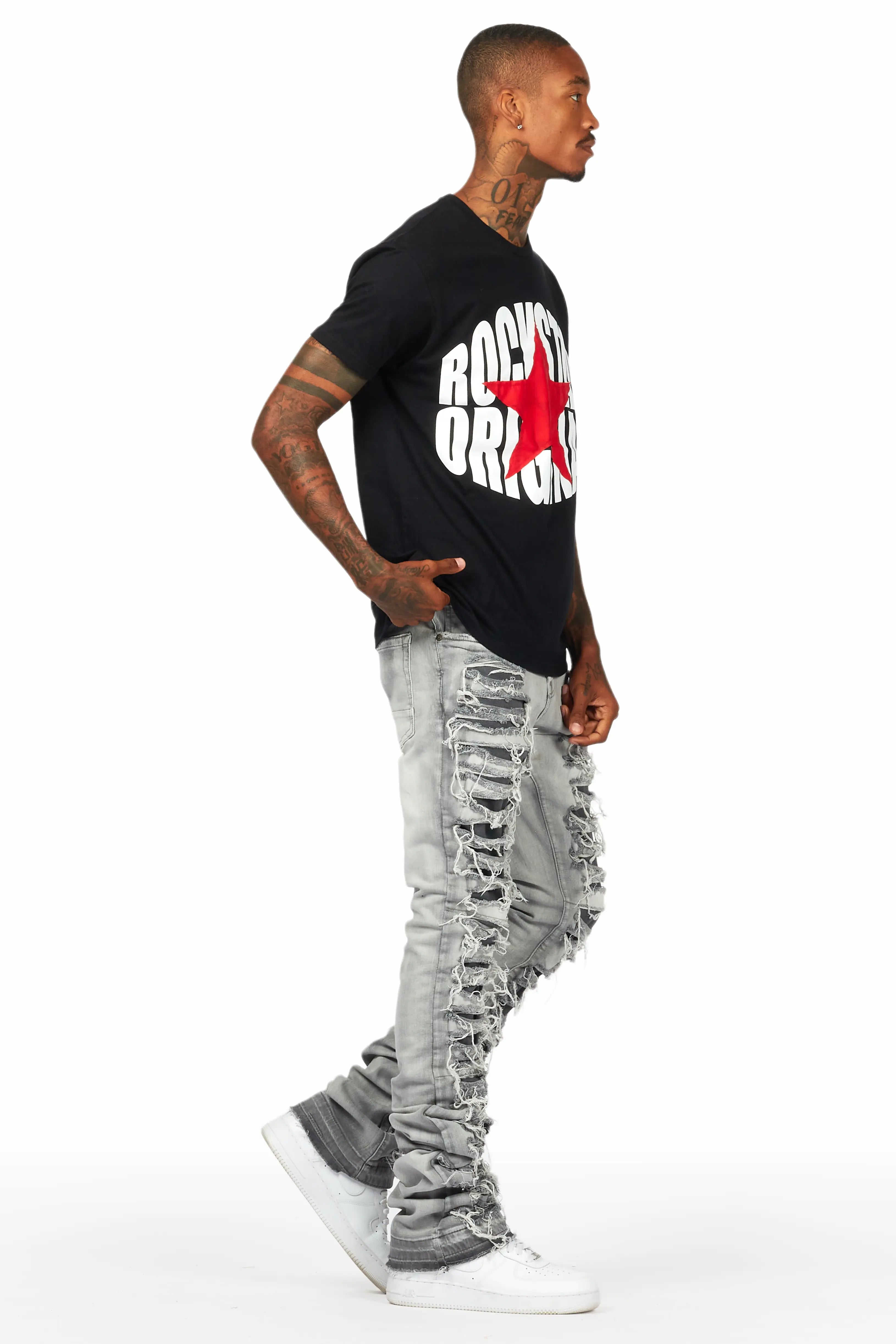 Edem Black/Grey T-Shirt Stacked Flare Jean Bundle