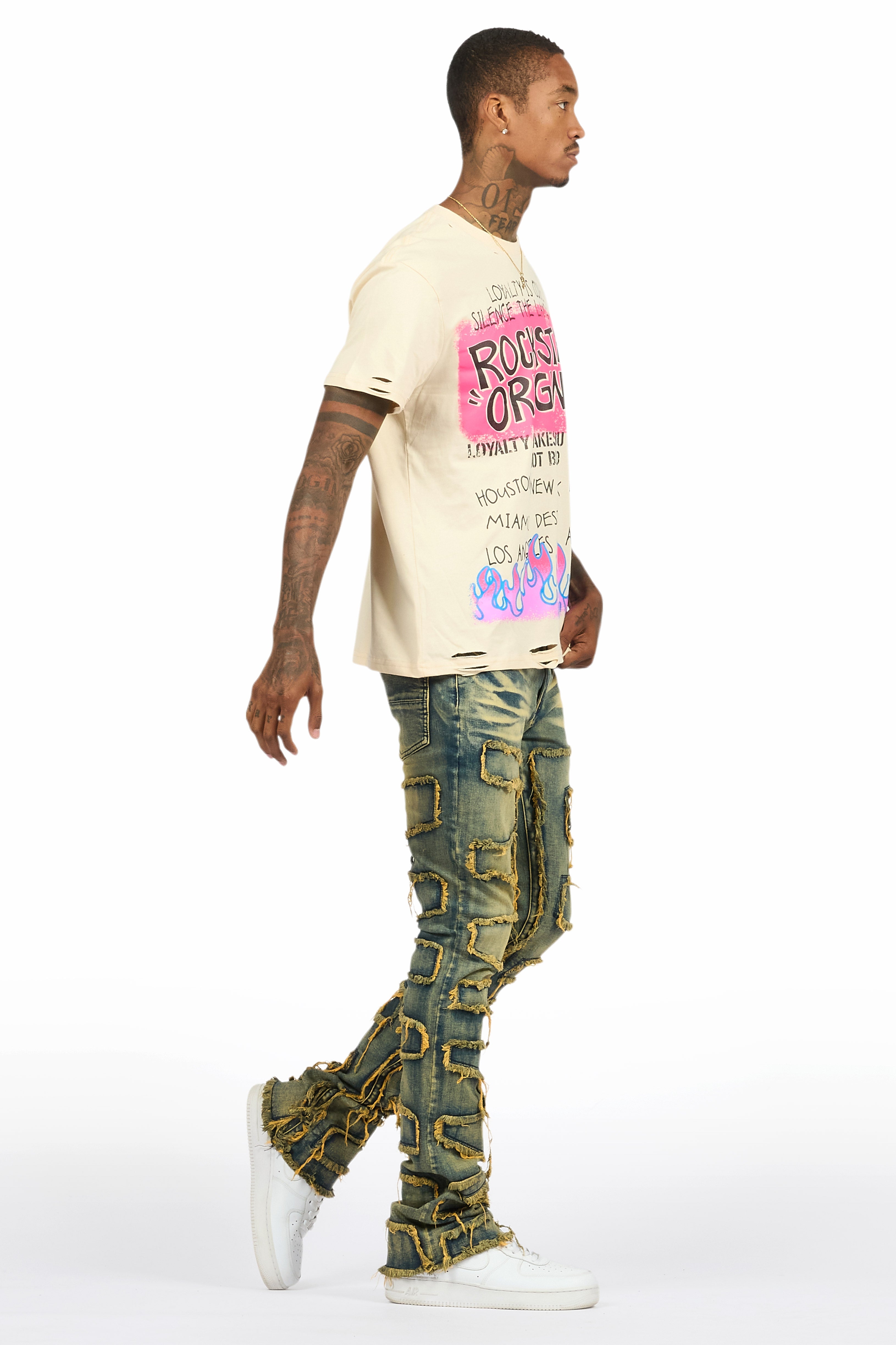Beno Beige T-Shirt & Shake Tint Stacked Flare Jean Bundle