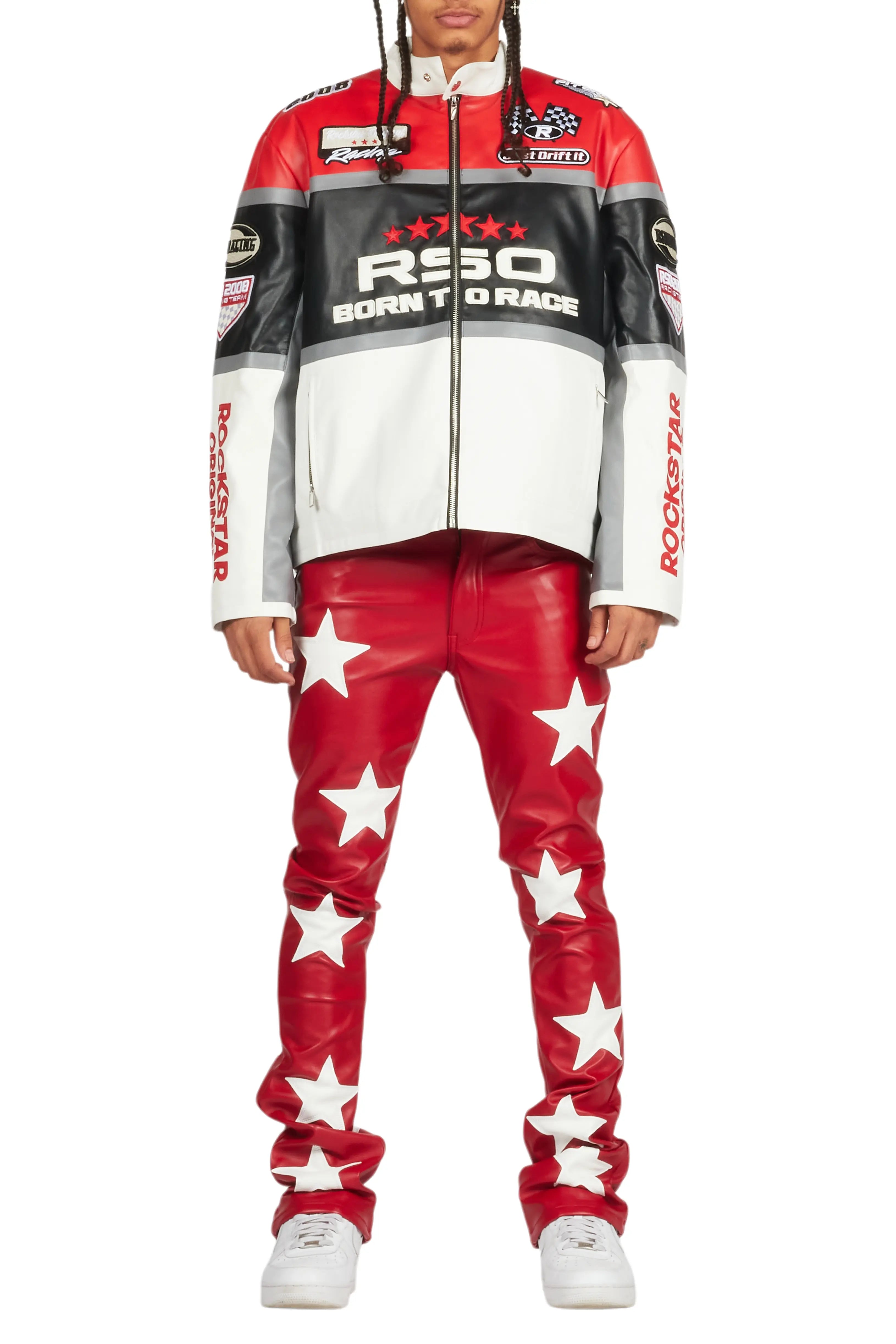 Balint Red/White Leather Moto Jacket