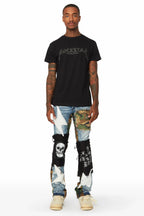 Soren Blue/Camo Stacked Patchwork Flare Jean