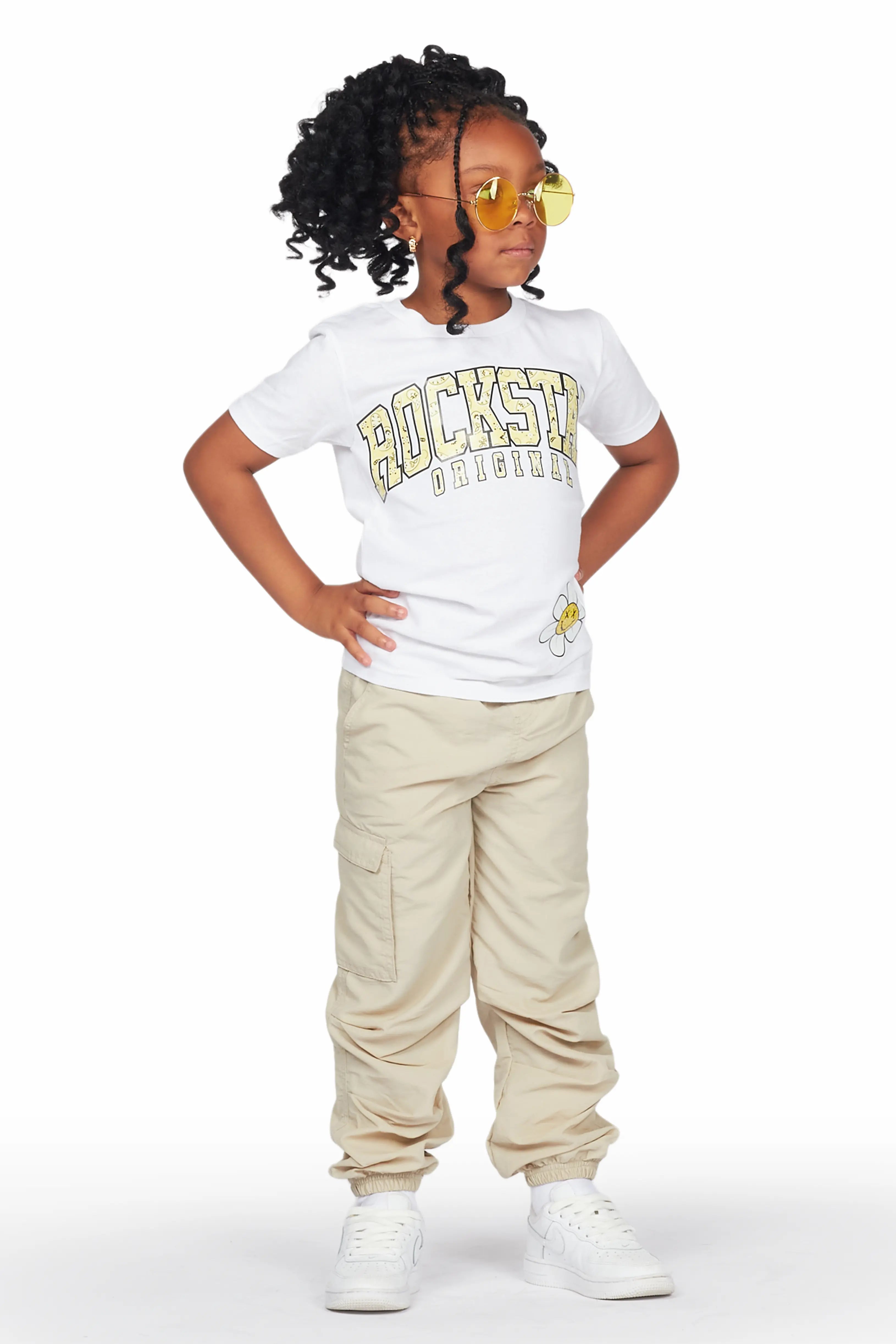Girls Raisa White/Beige T-Shirt Cargo Jogger Set