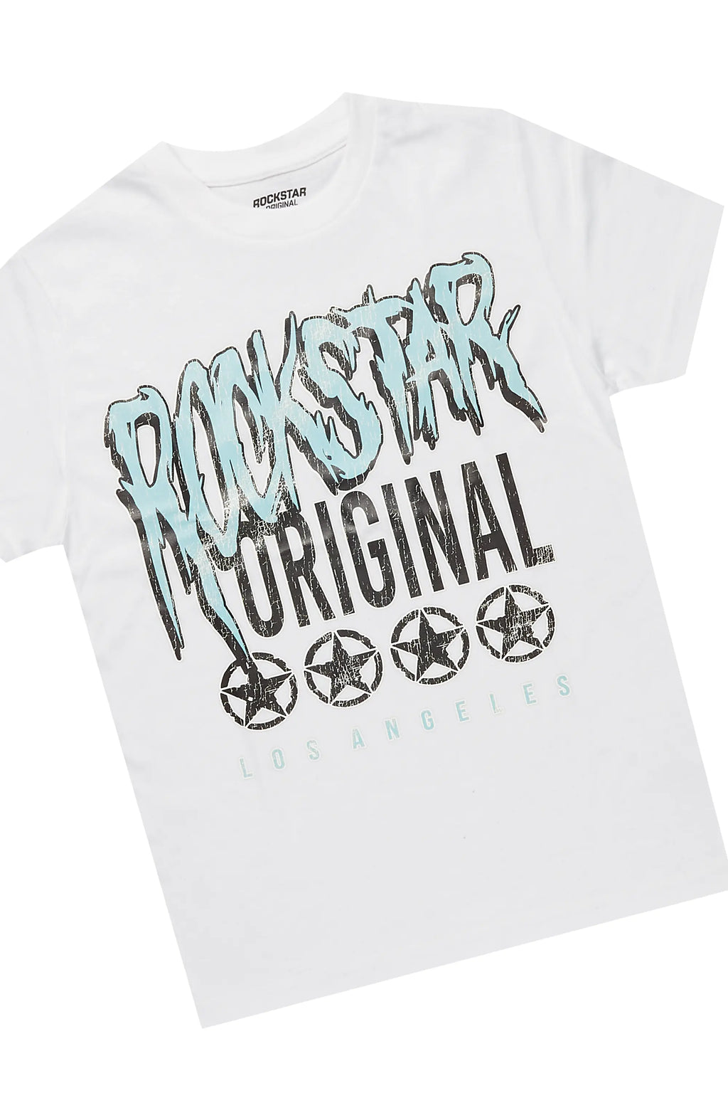 Boys Arjun White/Navy T-Shirt/Stacked Baggy Flare Pant Set