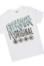 Boys Arjun White/Navy T-Shirt/Stacked Baggy Flare Pant Set