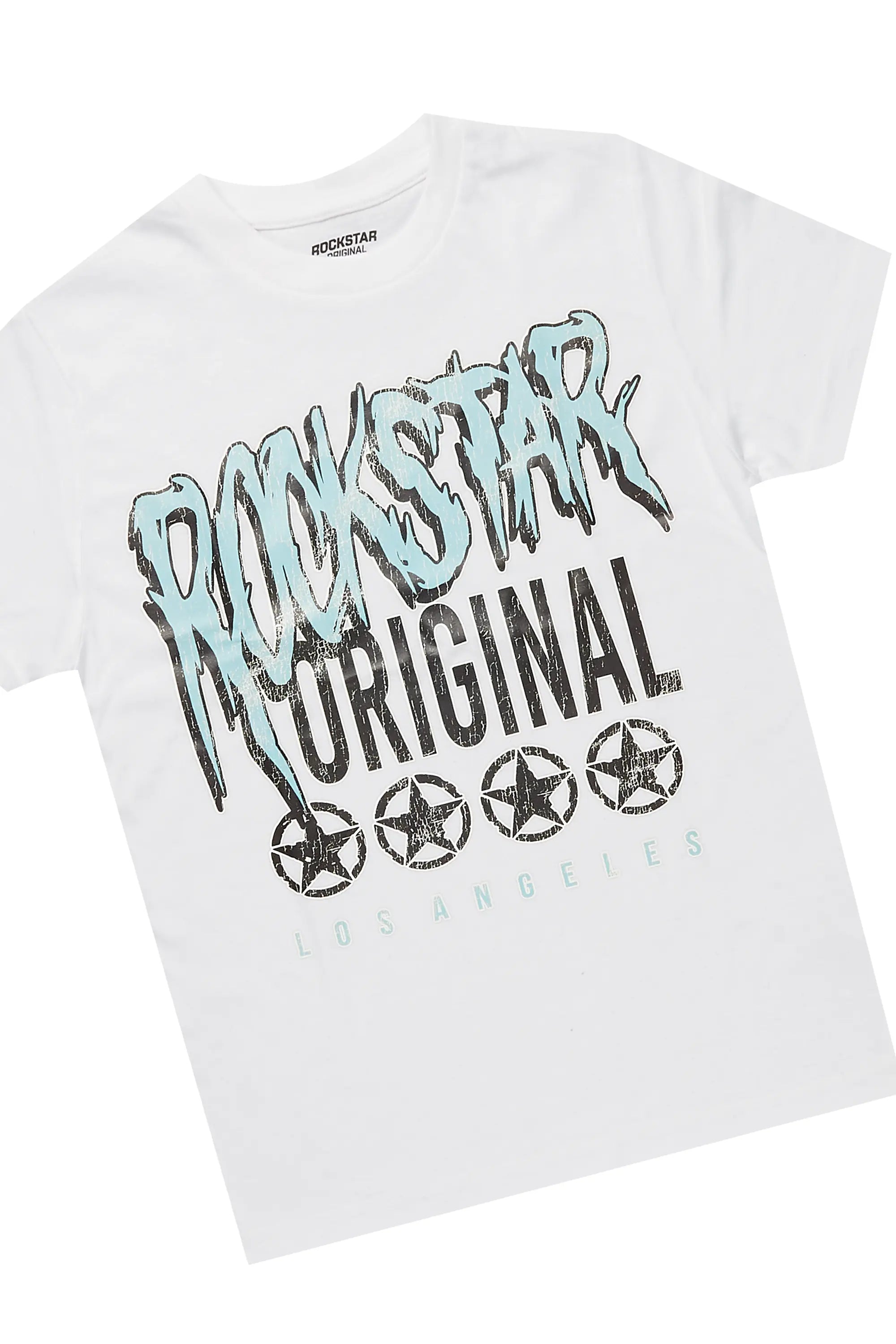 Boys Arjun White/Navy T-Shirt/Stacked Baggy Flare Pant Set