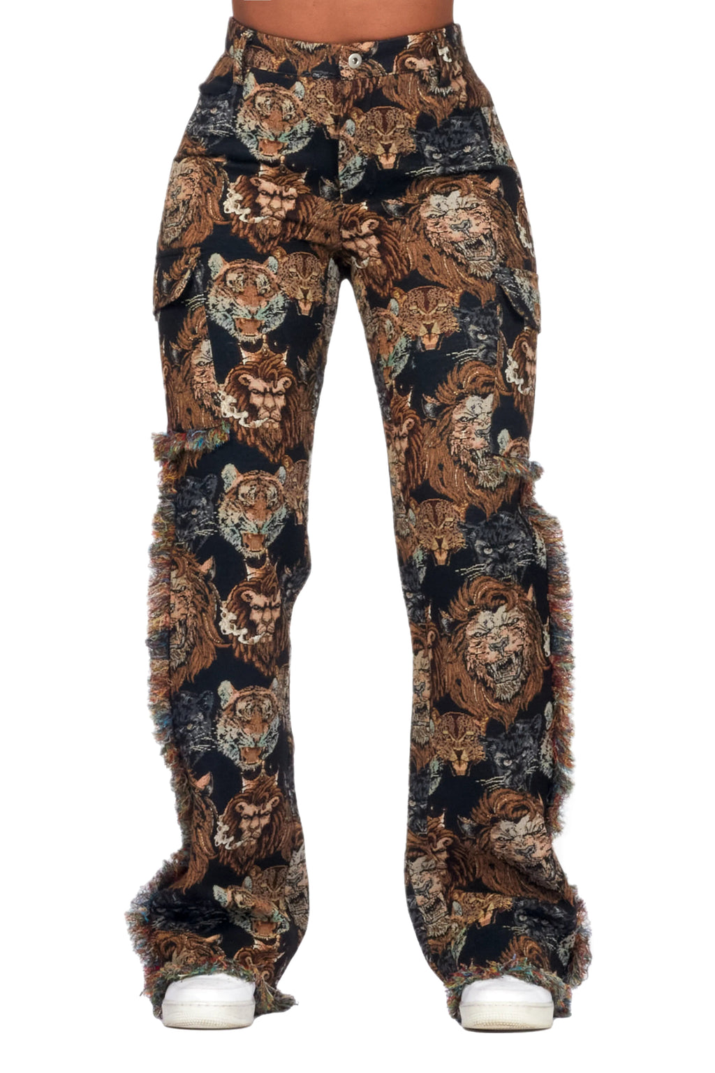 Khadiyah Black Animal Print Tapestry Stacked Pant