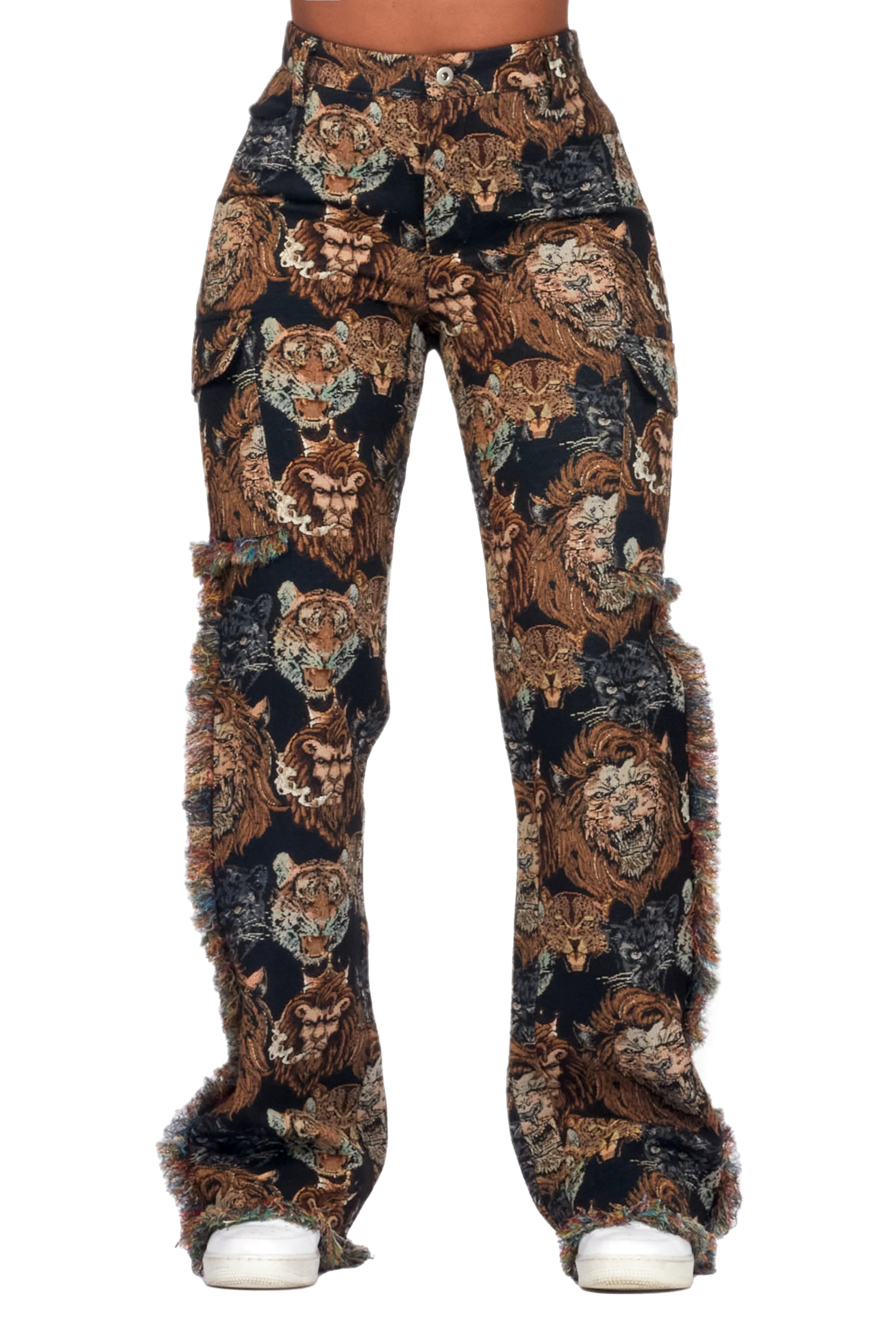 Khadiyah Black Animal Print Tapestry Stacked Pant