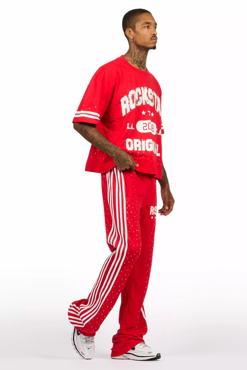 Tylla Red Rhinestone T-Shirt/Baggy Stacked Track Set