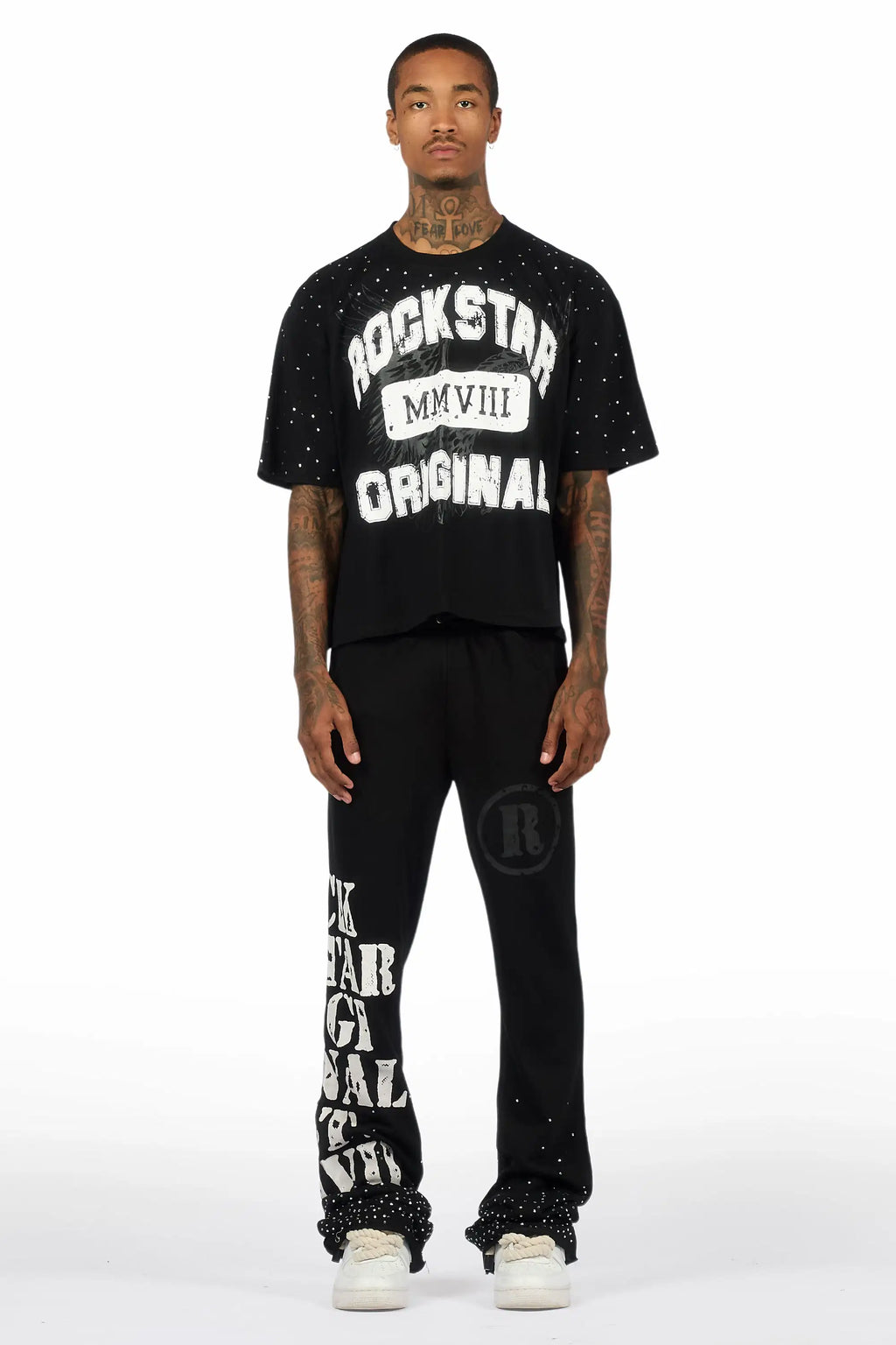 Borya Black Rhinestone T-Shirt/Baggy Stacked Track Set