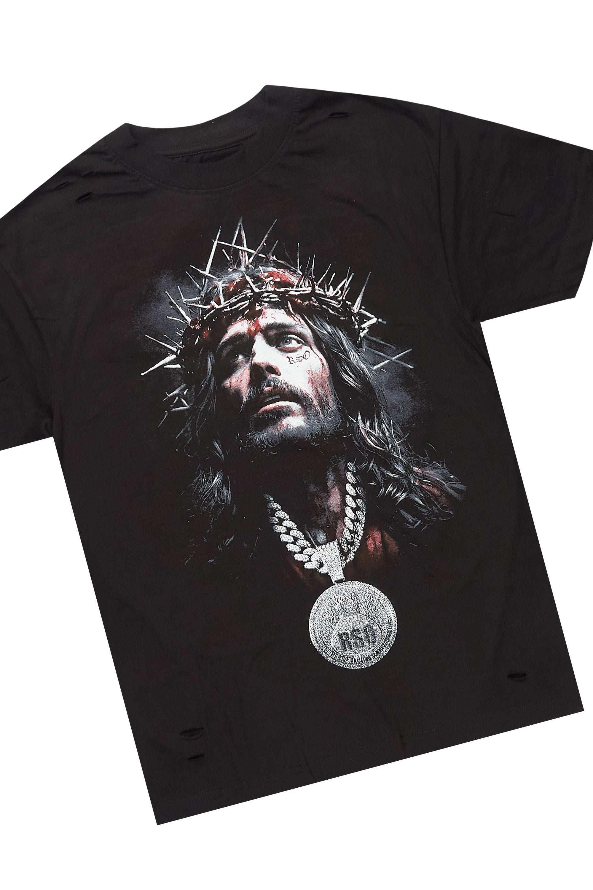 Amina Black Washed T-Shirt Stacked Flare Jean Set