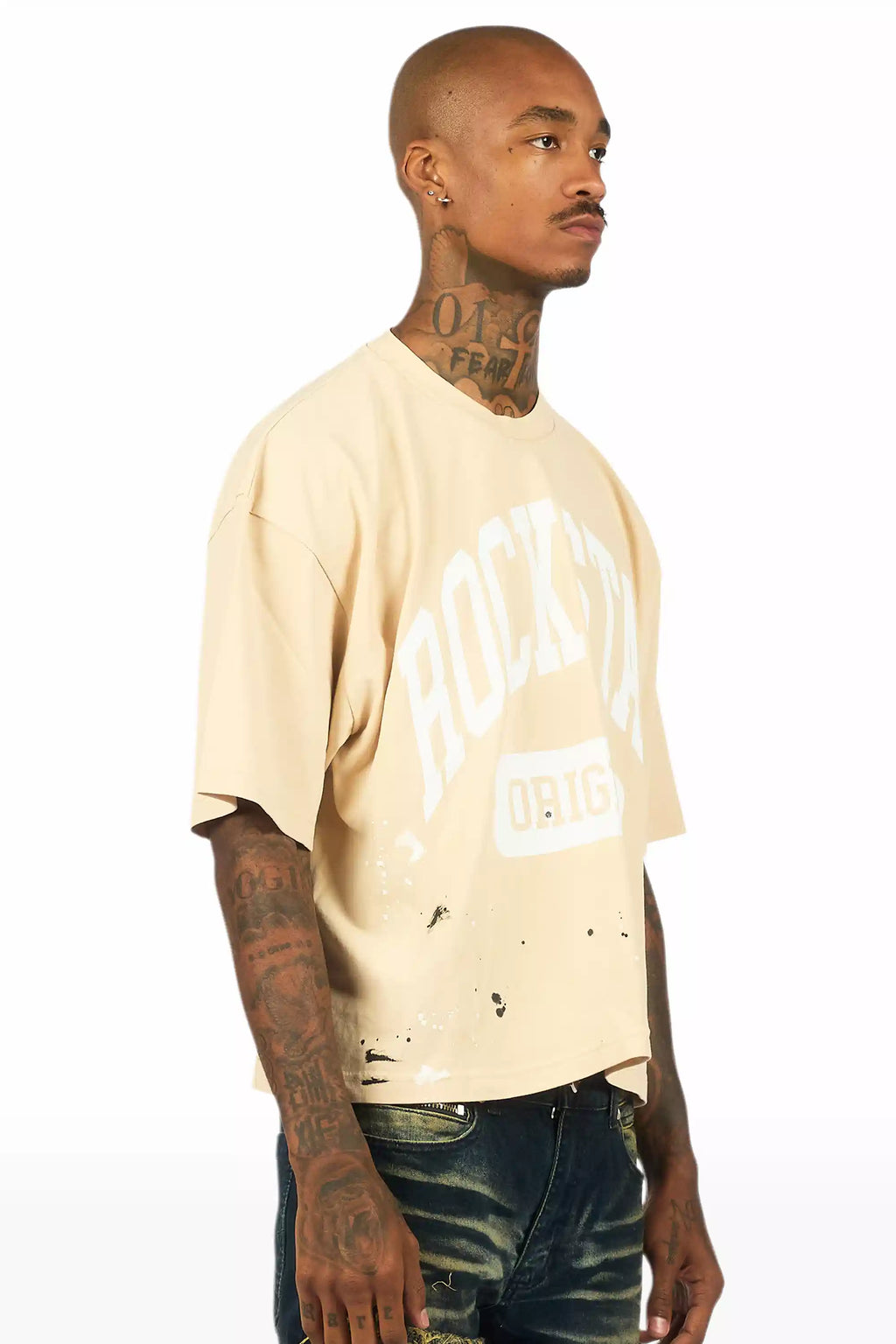 Rainer Beige/White Boxy Crop T-Shirt